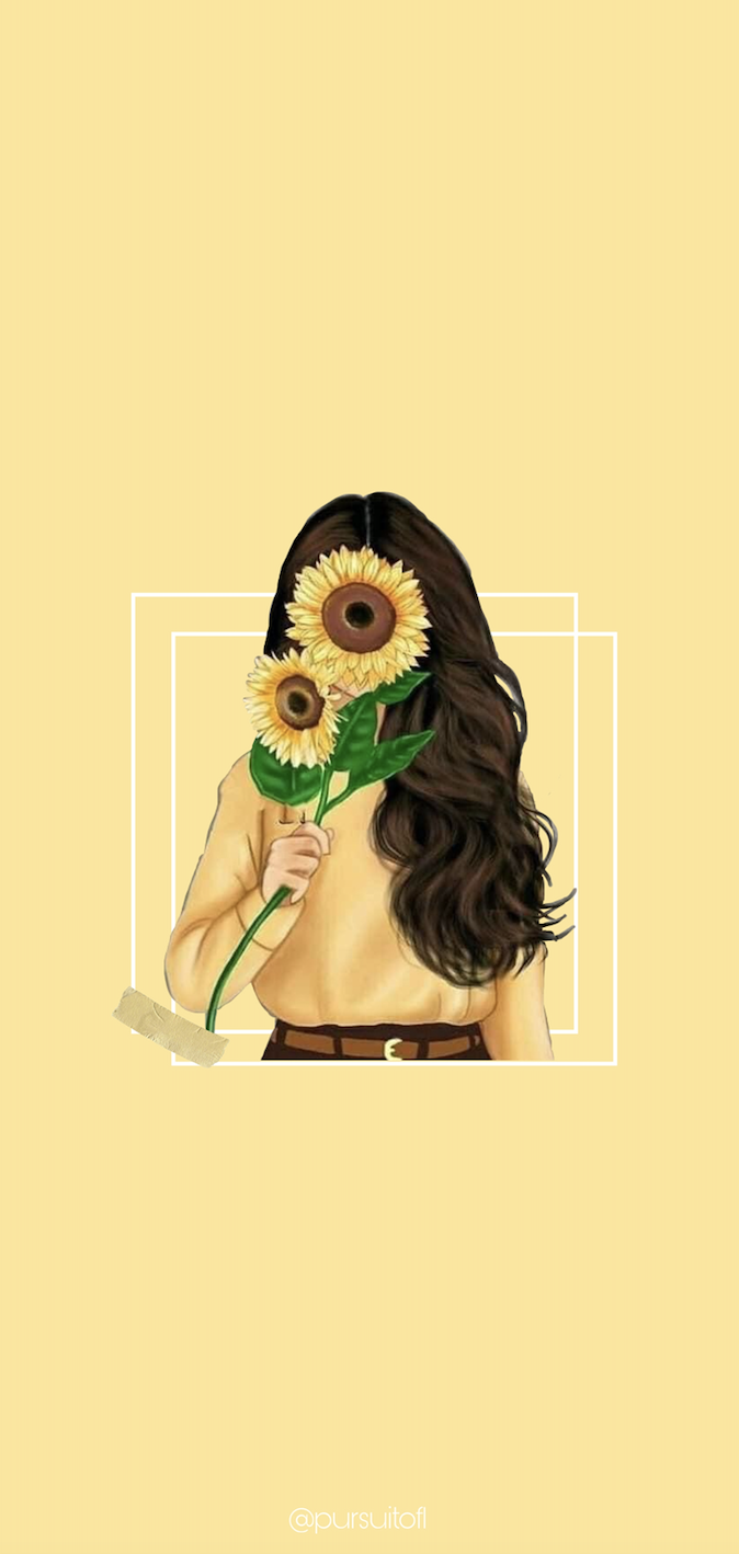 Yellow phone wallpaper with girl holding sunflower