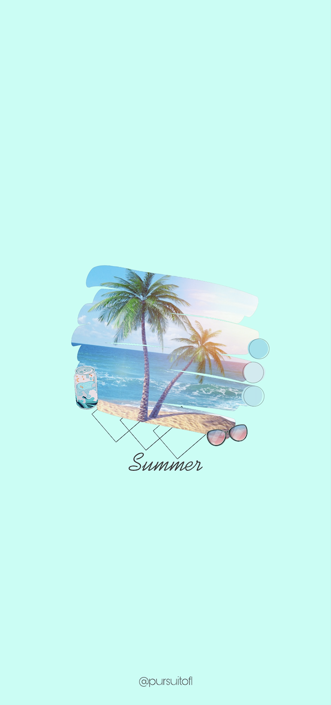 Mint green summer phone wallpaper with beach, palm trees, sunglasses, and can