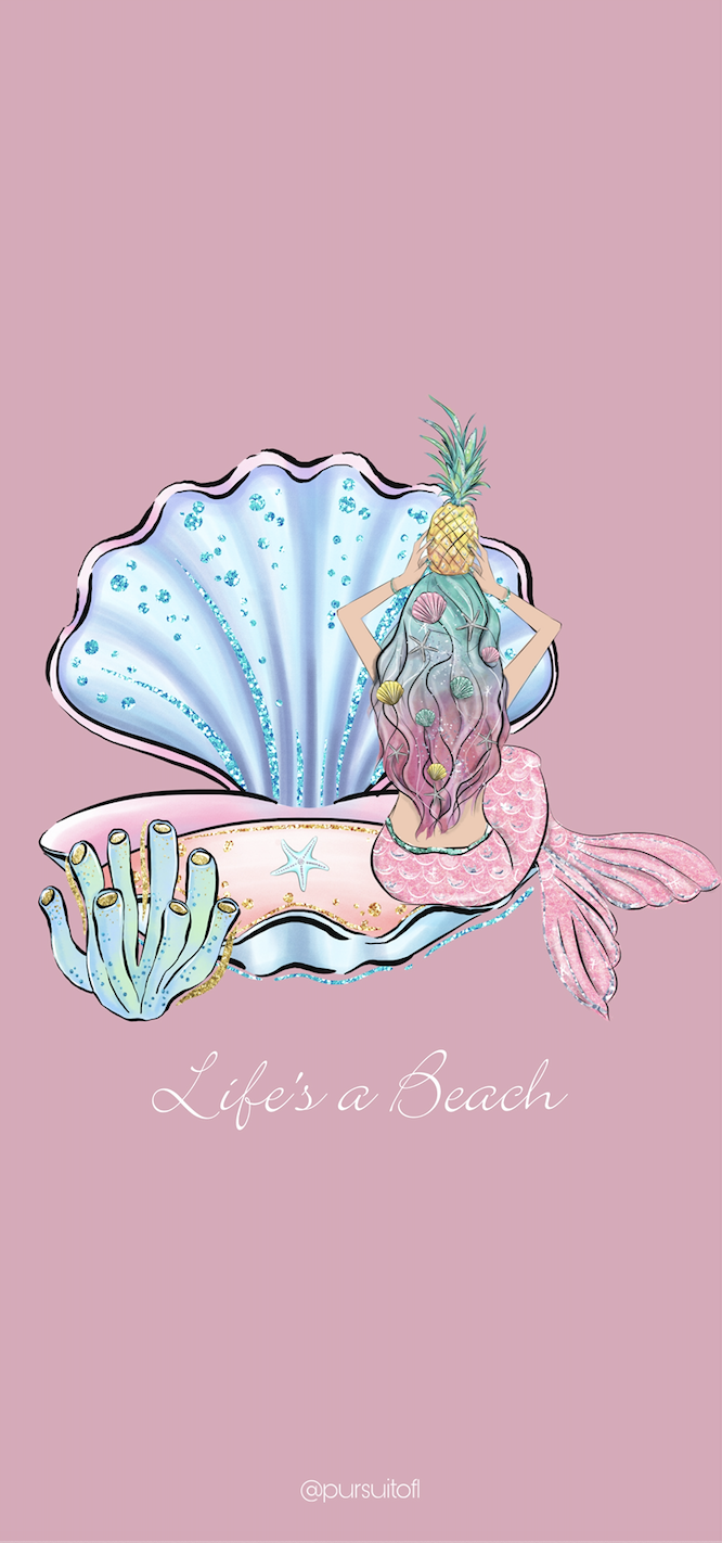 Pink phone wallpaper with glitter mermaid, clam, starfish, coral, and Life's a Beach text