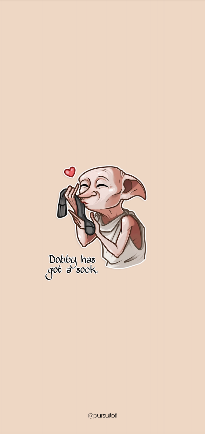 Dobby from Harry Potter phone wallpaper holding a sock with a heart with text, "Dobby has got a sock."