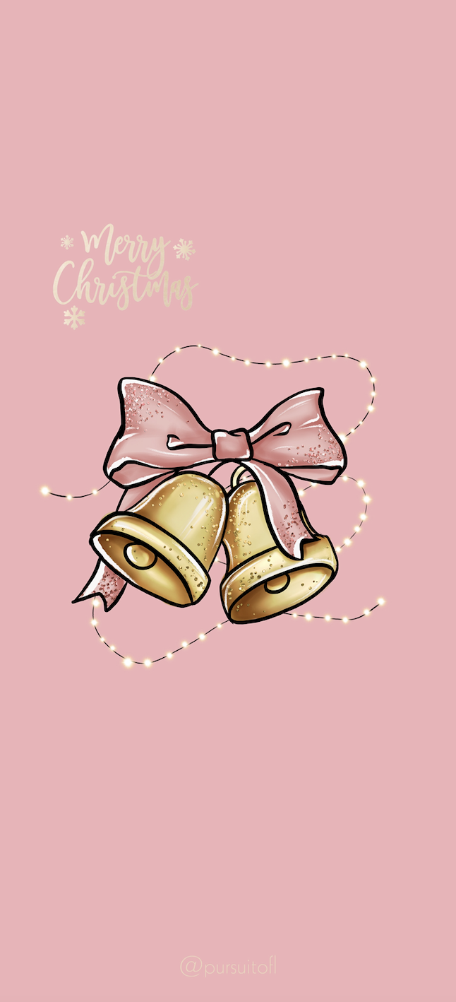 Pink Phone Wallpaper Holiday Bells with Fairy Lights and Merry Christmas Text