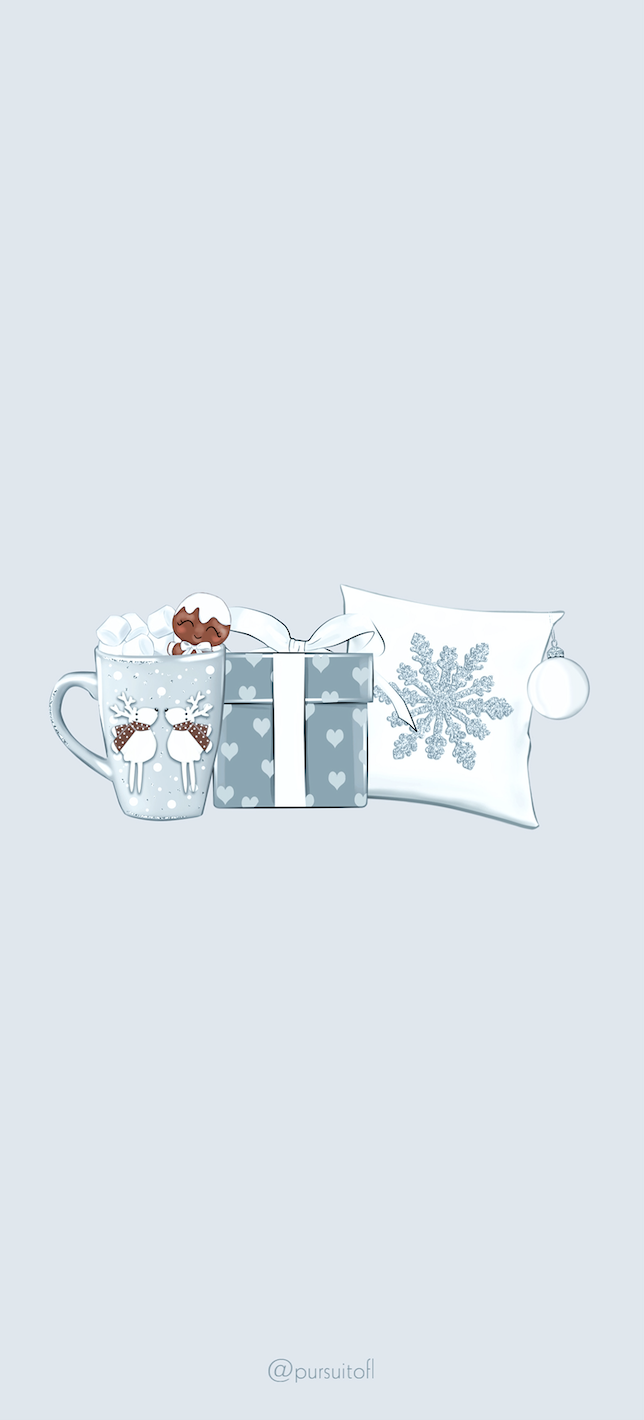 Light Blue Phone Wallpaper with Holiday Drink, Gift Box, and Pillow