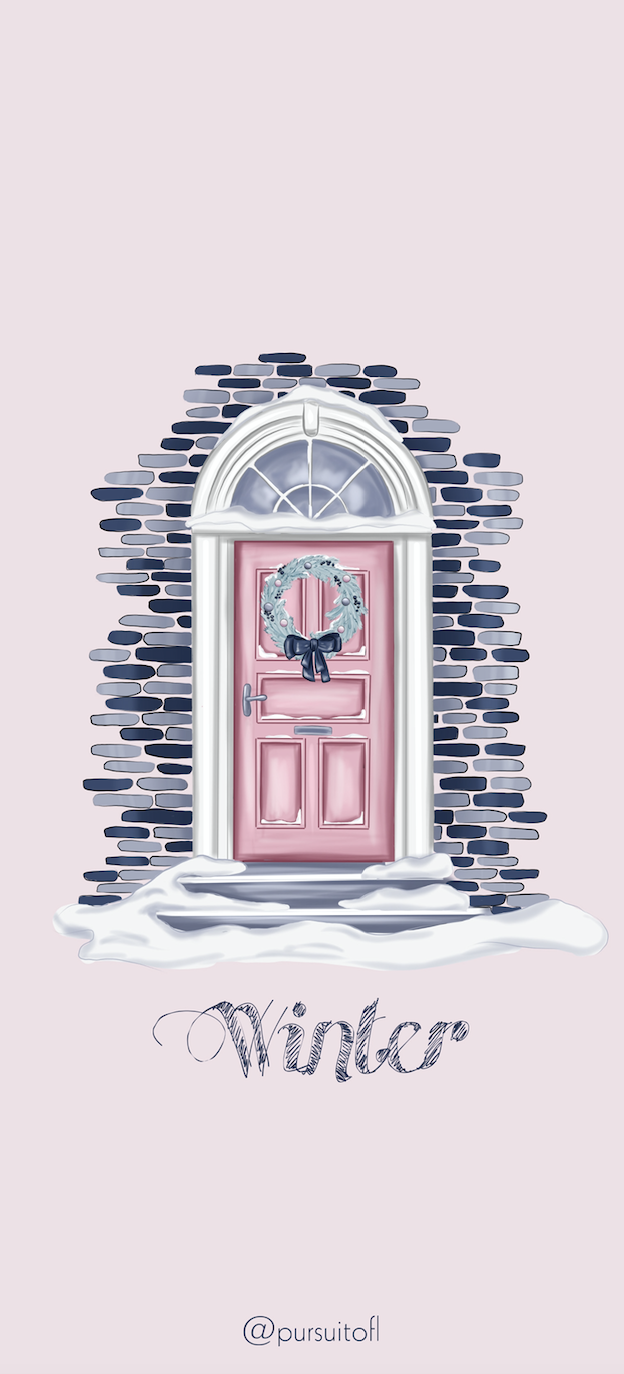 Pink Winter Phone Wallpaper with Pink Door with Wreath, Doorstep, Snow and Bricks