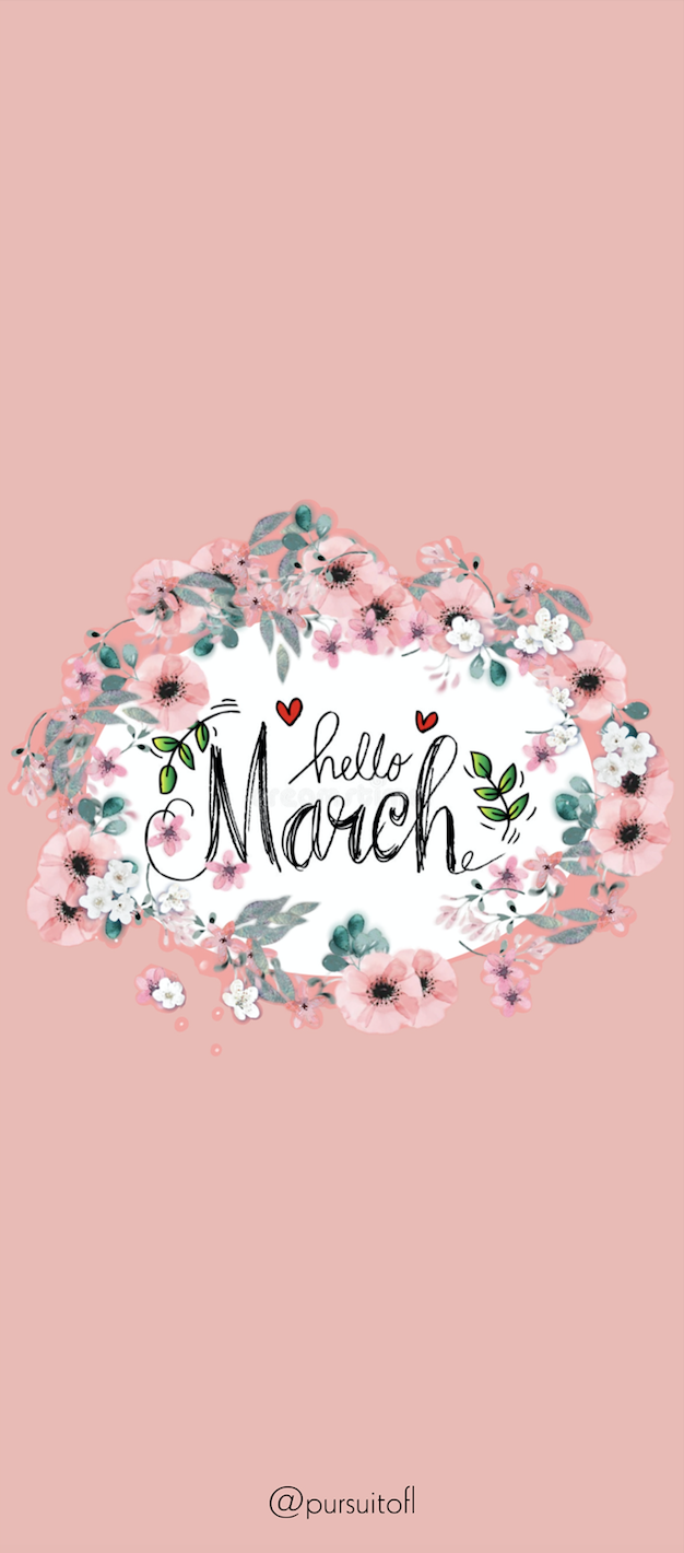 Pink Hello March Phone Wallpaper with floral decor