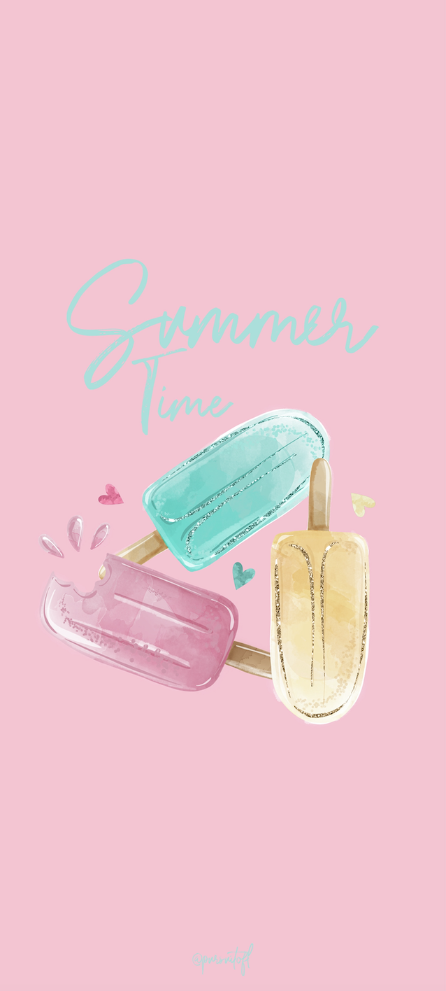 Pink Phone Wallpaper with Blue, Yellow, and Pink Popsicles with Hearts and Summer Time Text