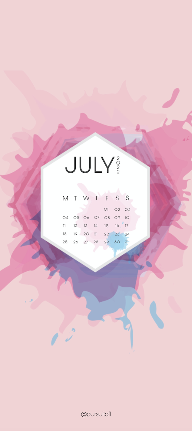 Pink Phone Wallpaper with Blue and Pink Paint Splashes and July 2022 Calendar