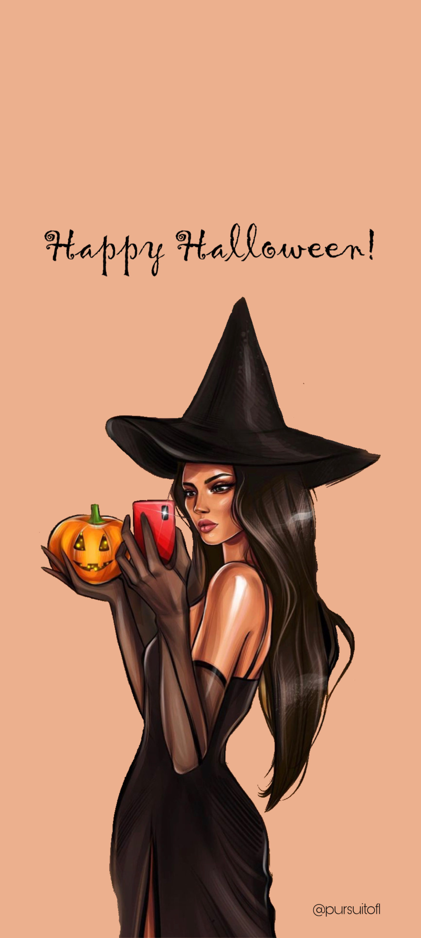 Girl Wearing Black Dress, Gloves, and Witch Hat, holding a Pumpkin taking a Selfie Phone Wallpaper with Happy Halloween Text