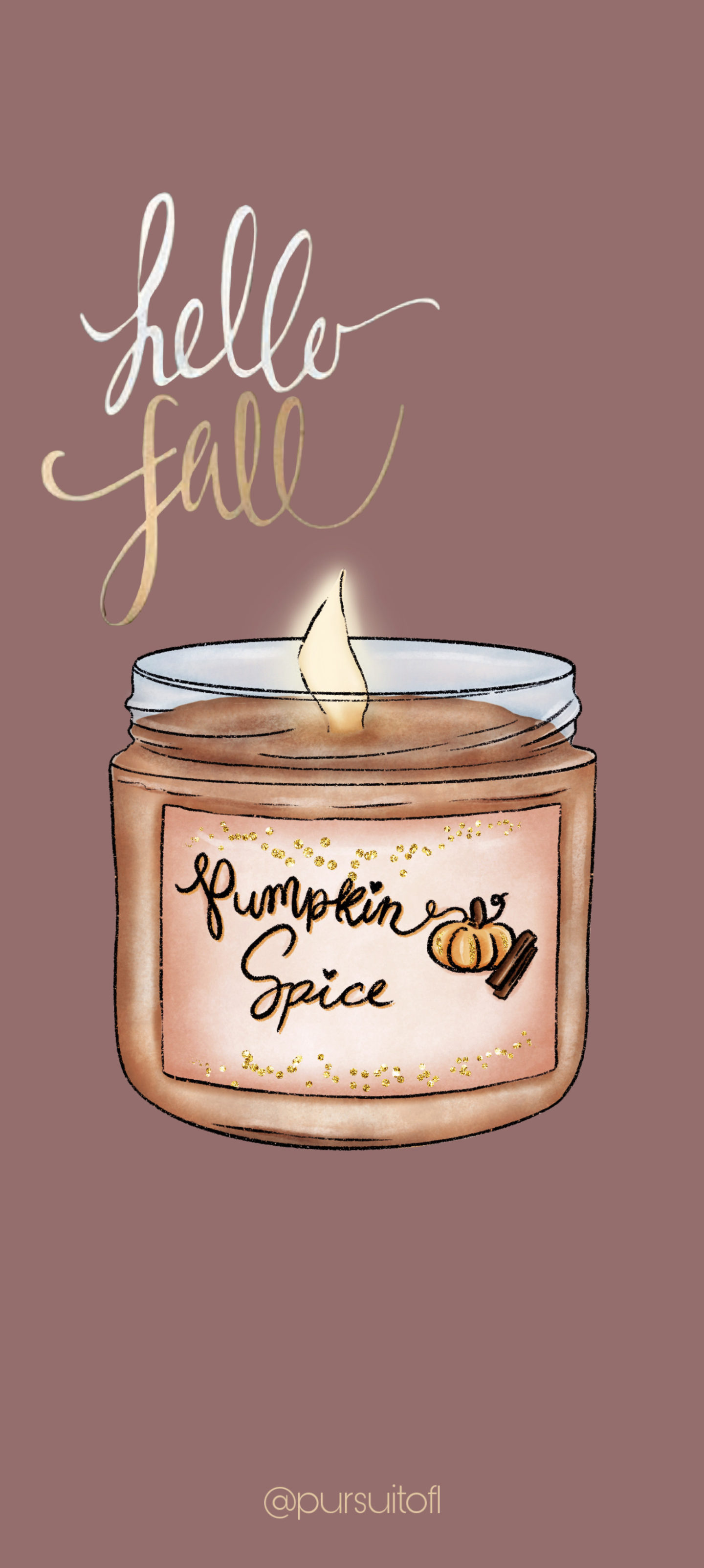 Hello Fall Phone Wallpaper with Pumpkin Spice Candle Illustration