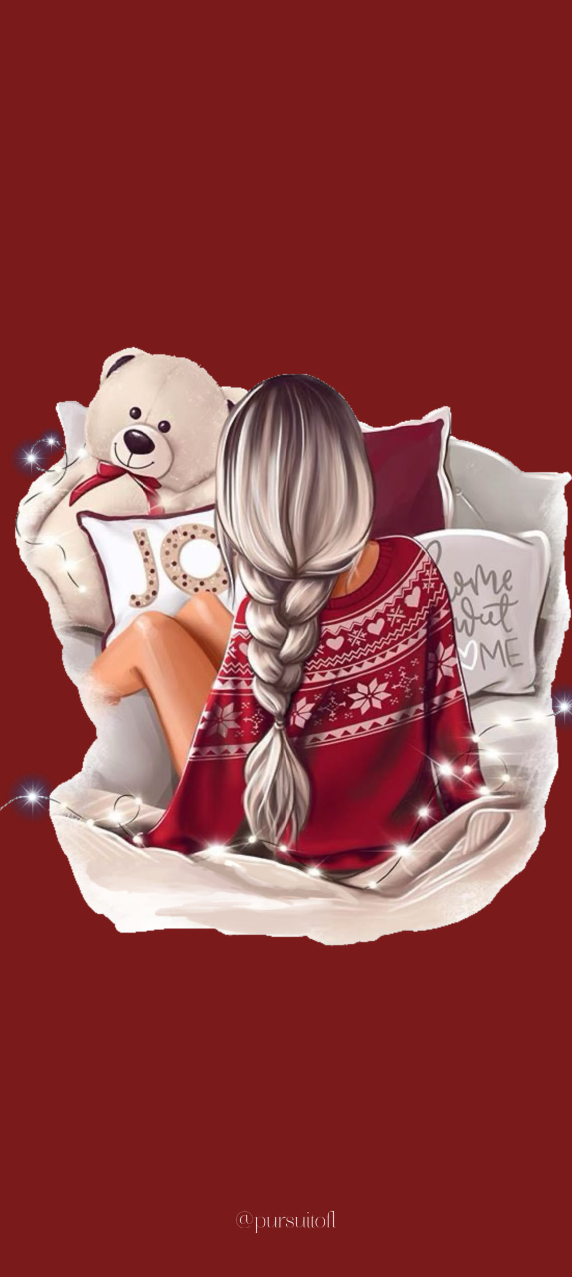 Red winter phone wallpaper with girl with braid wearing red sweater sitting on blanket with pillows, teddy bear and lights
