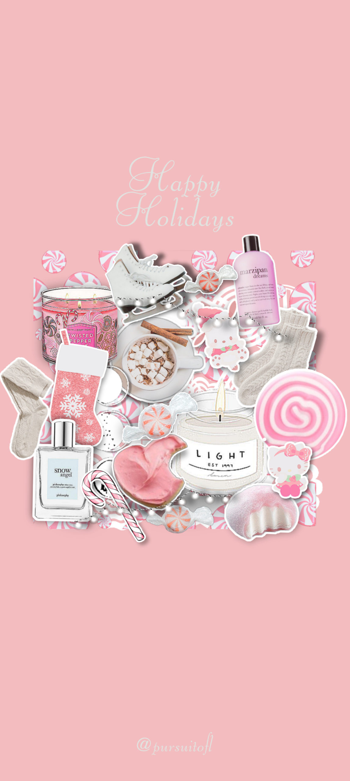 Pink Holiday Phone Wallpaper with Happy Holidays text and collage of pink and white winter items