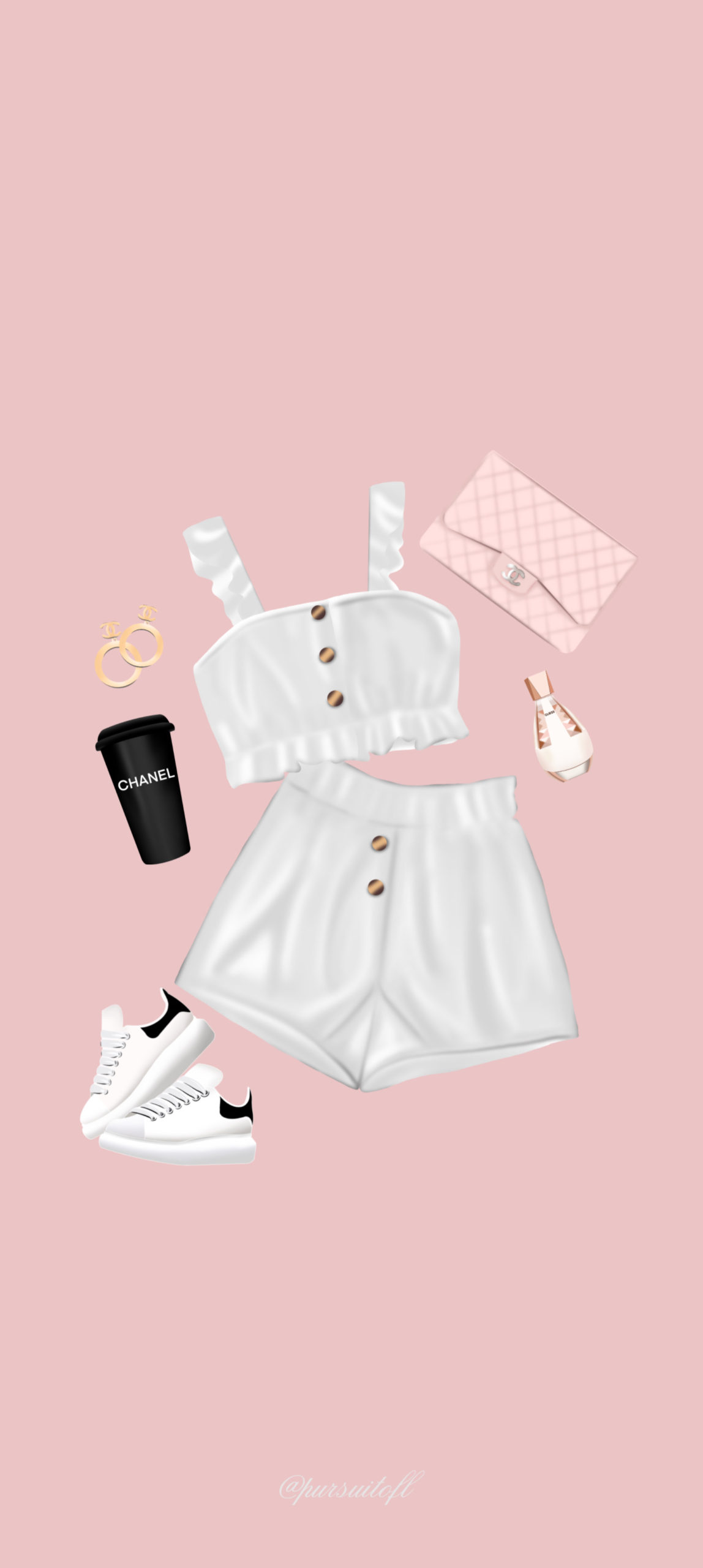 Pink phone wallpaper with daytime spring outfit and essentials