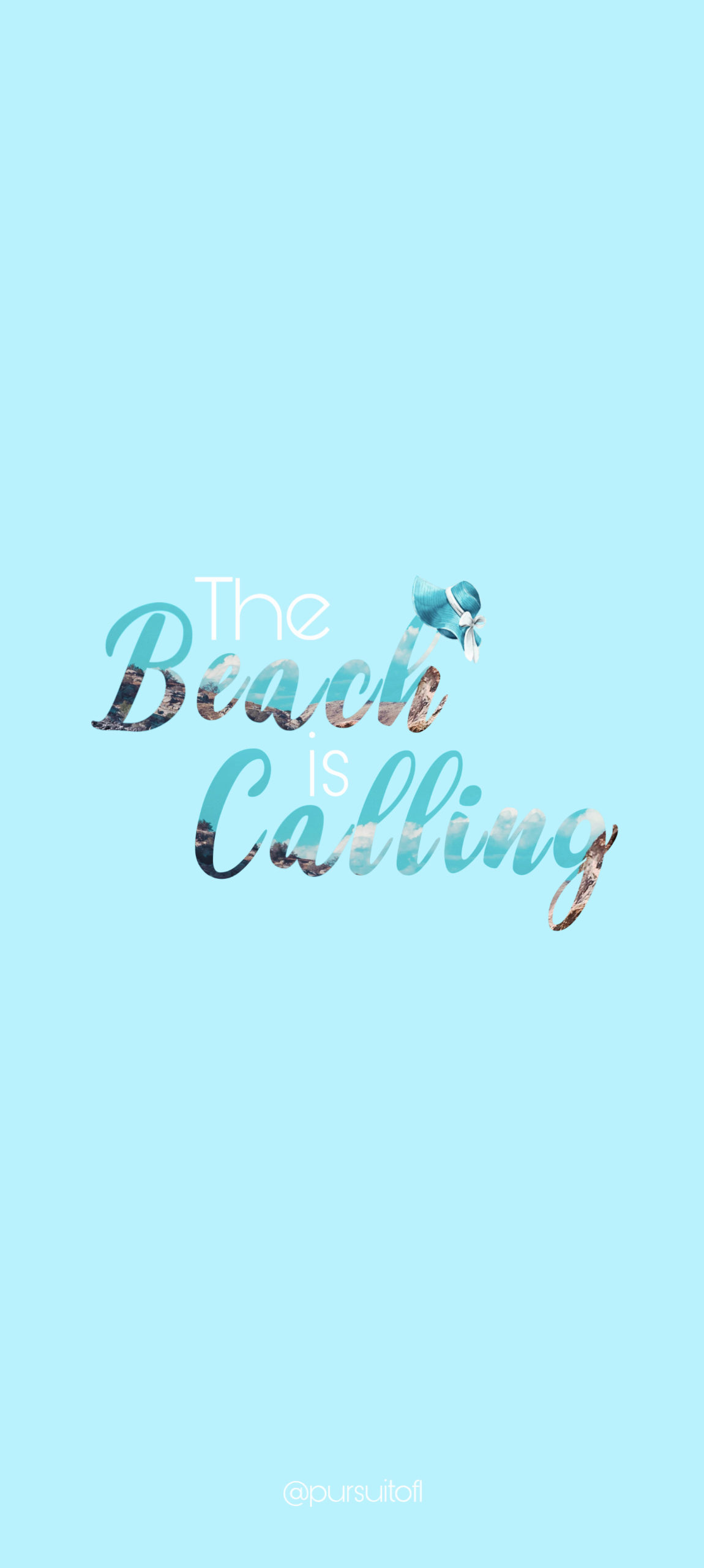 Blue summer phone wallpaper with the beach is calling text and blue sun hat with white ribbon