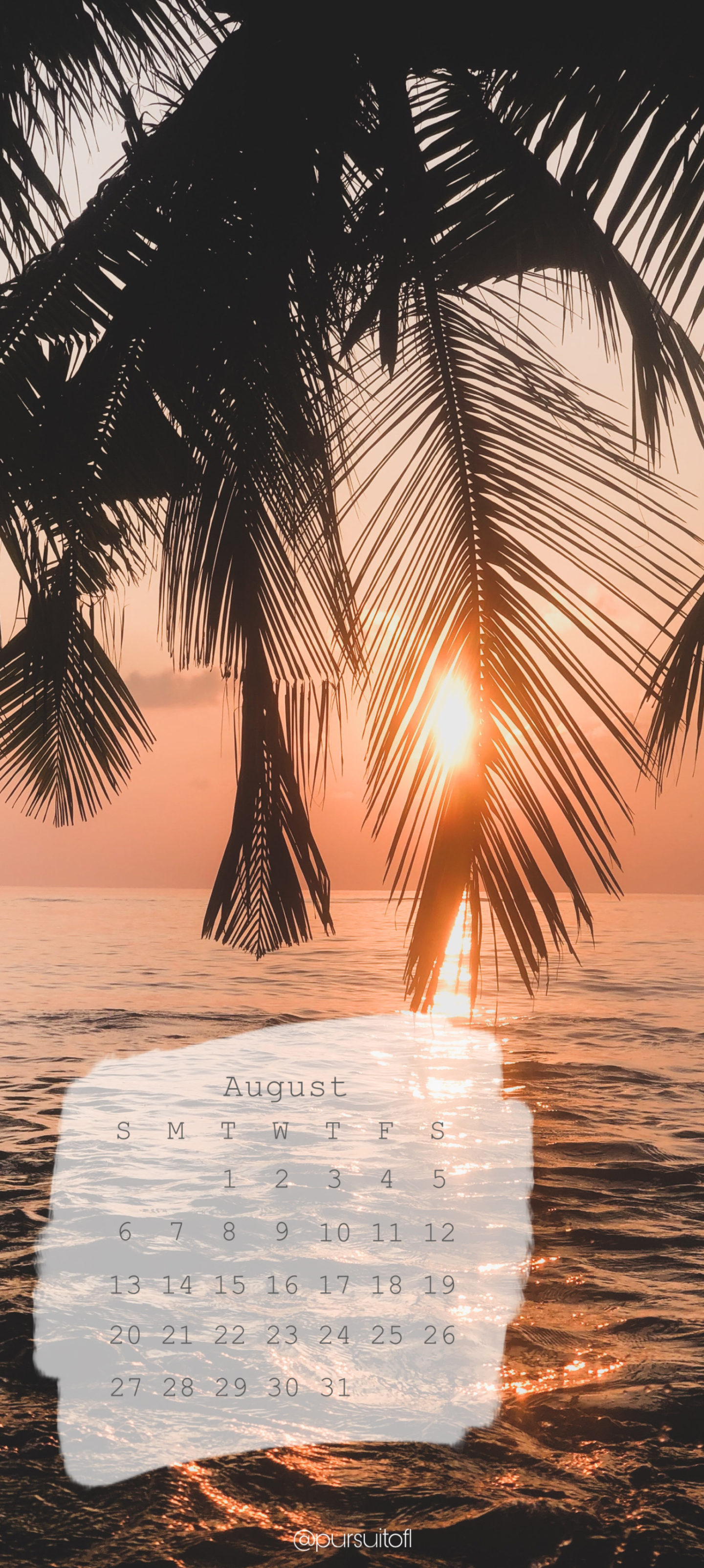 Ocean sunset scene phone wallpaper with August 2023 calendar.