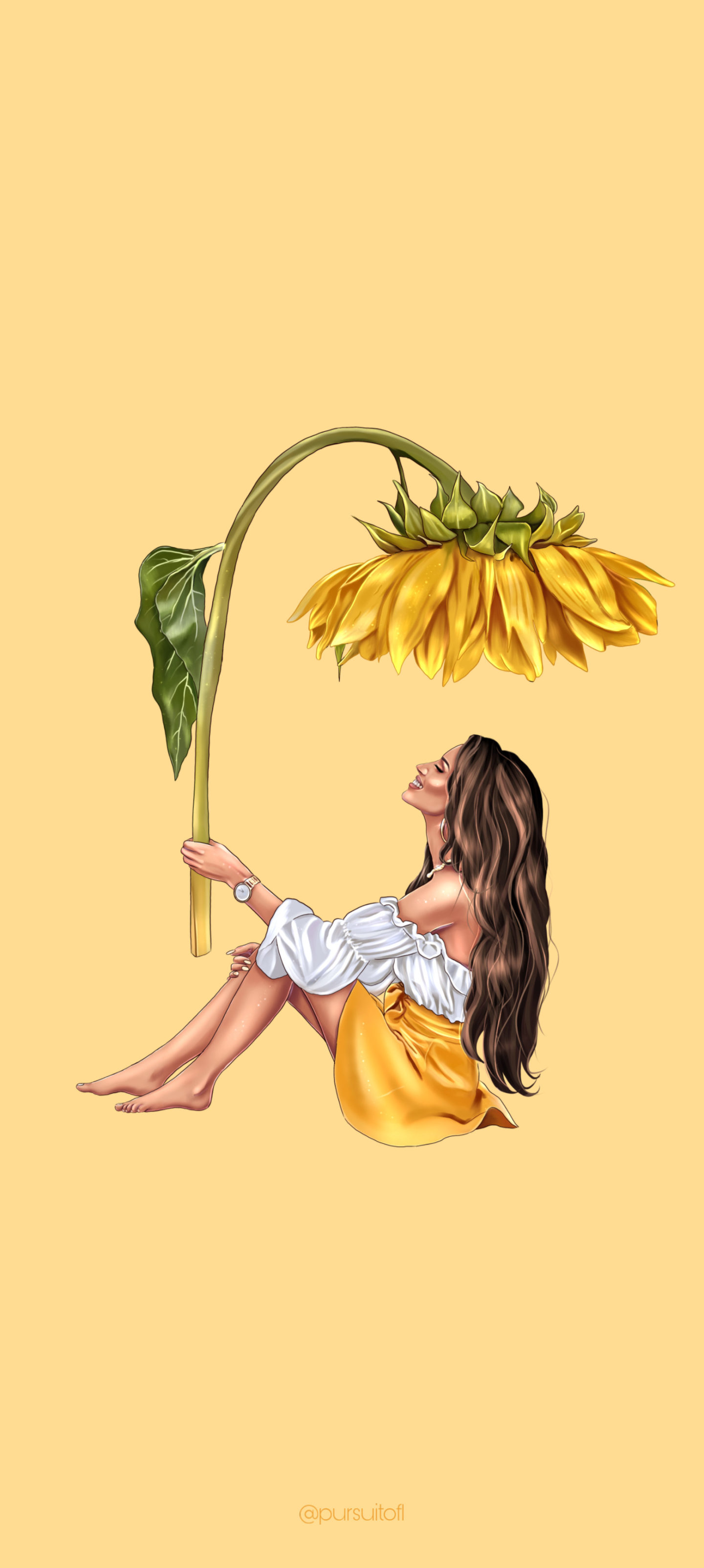 Yellow phone wallpaper with girl or woman in a summer outfit holding an oversized sunflower.