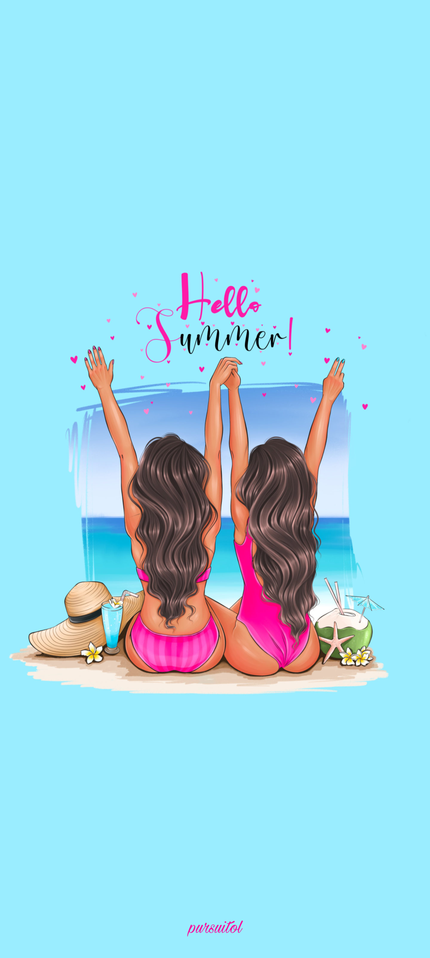 Blue phone wallpaper with girls or ladies in pink swimsuits in a beach scene with pink hello summer text and hearts.