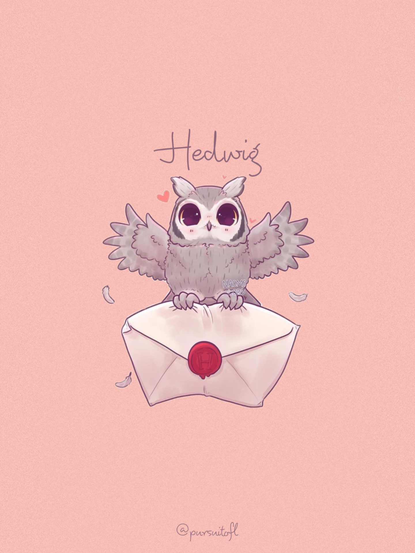 Pink tablet wallpaper with Hedwig from Harry Potter holding a Hogwarts envelope and Hedwig text