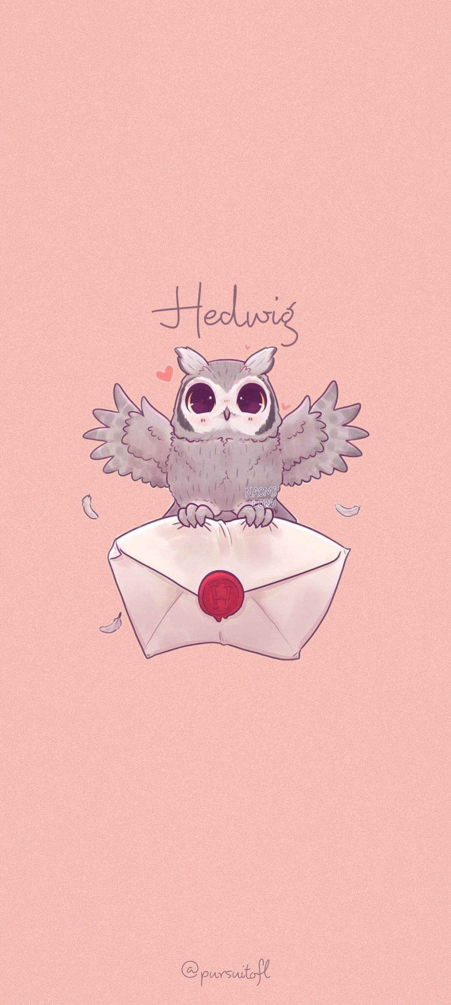 Pink phone wallpaper with Hedwig from Harry Potter holding a Hogwarts envelope and Hedwig text