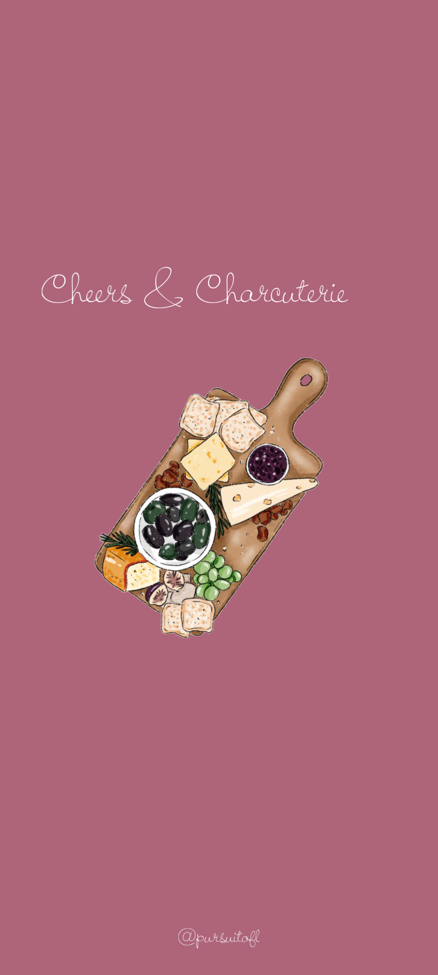 Mauve phone wallpaper with charcuterie board illustration and Cheers & Charcuterie text
