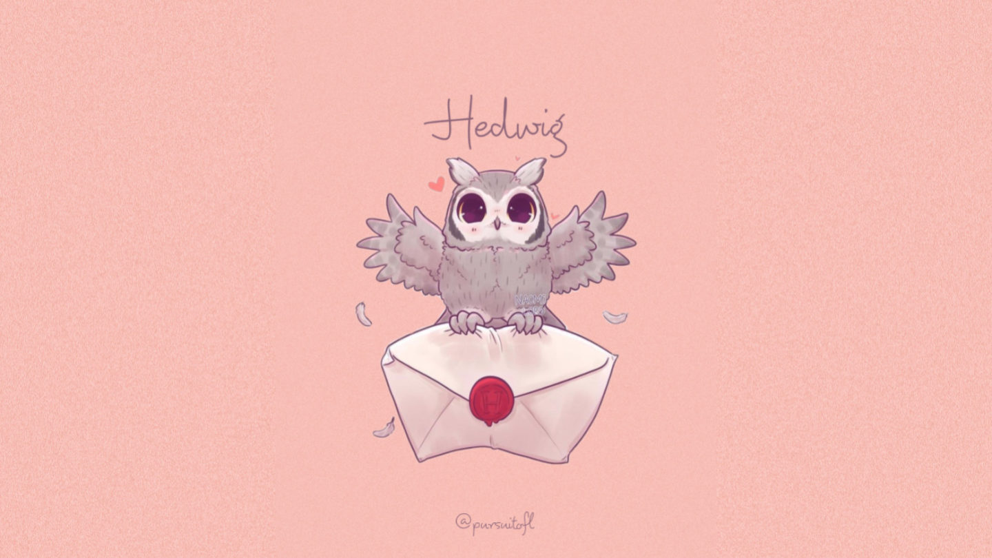 Pink desktop wallpaper with Hedwig from Harry Potter holding a Hogwarts envelope and Hedwig text