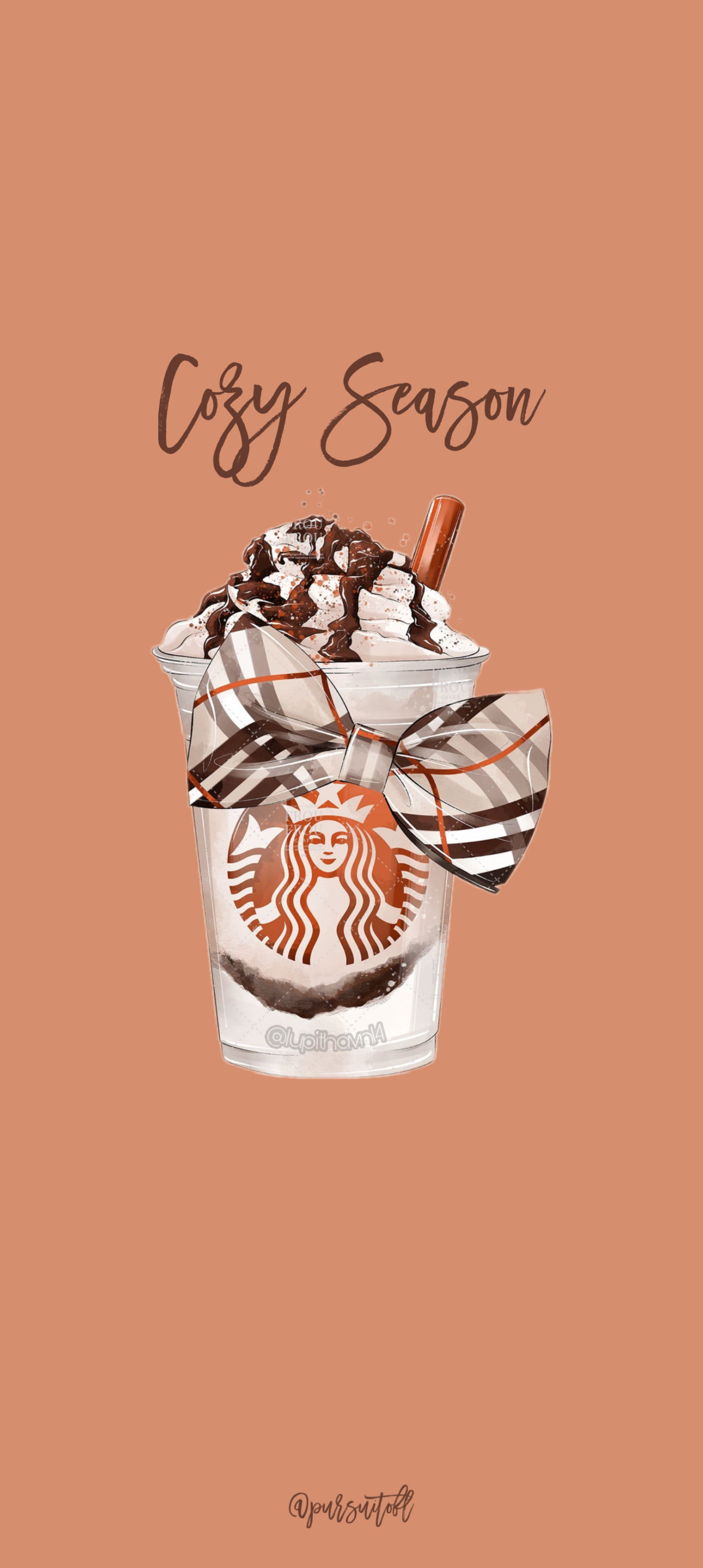 Orange fall phone wallpaper with Starbucks drink and brown plaid bow and brown cozy season text