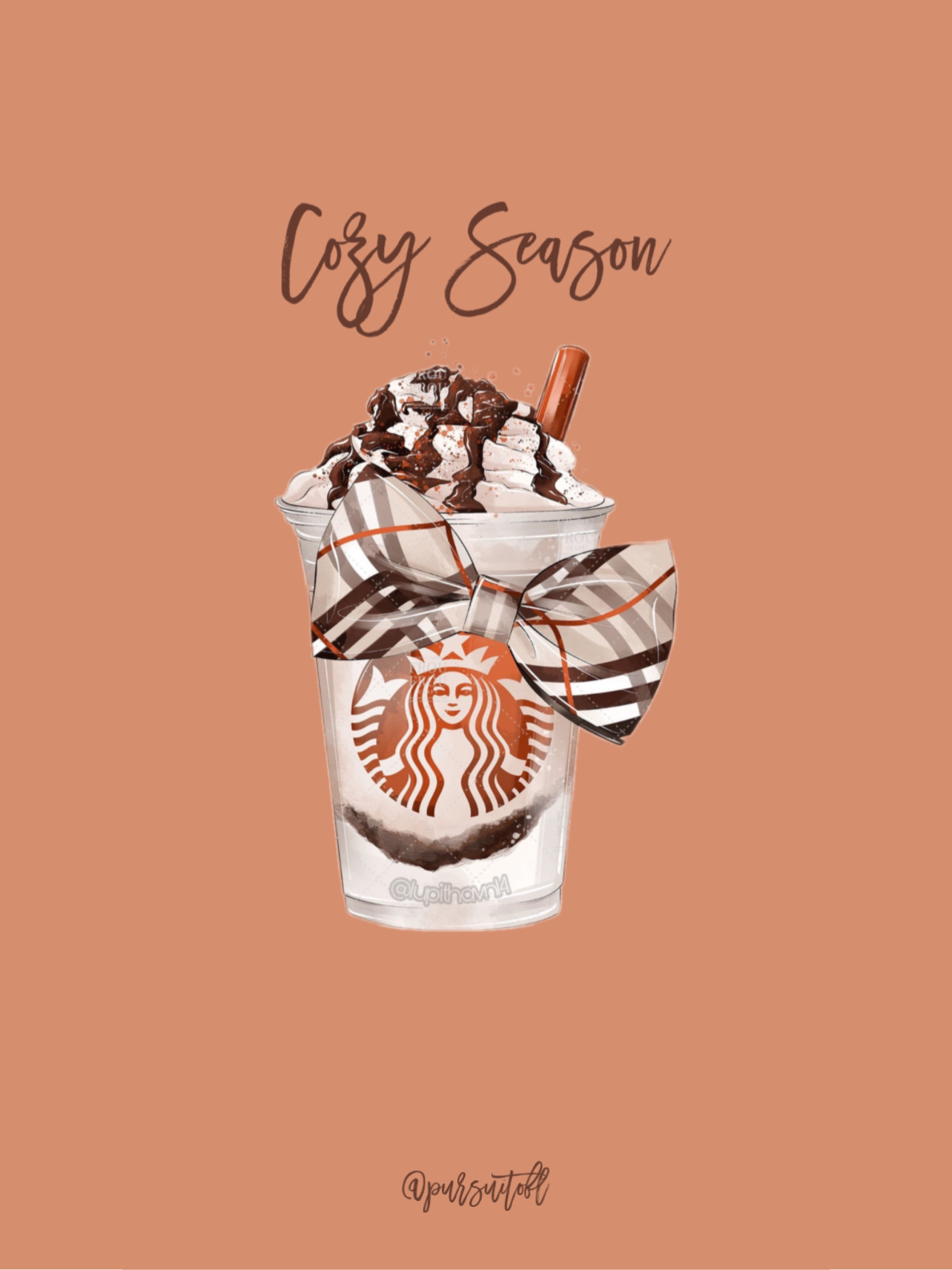Orange fall tablet wallpaper with Starbucks drink and brown plaid bow and brown cozy season text