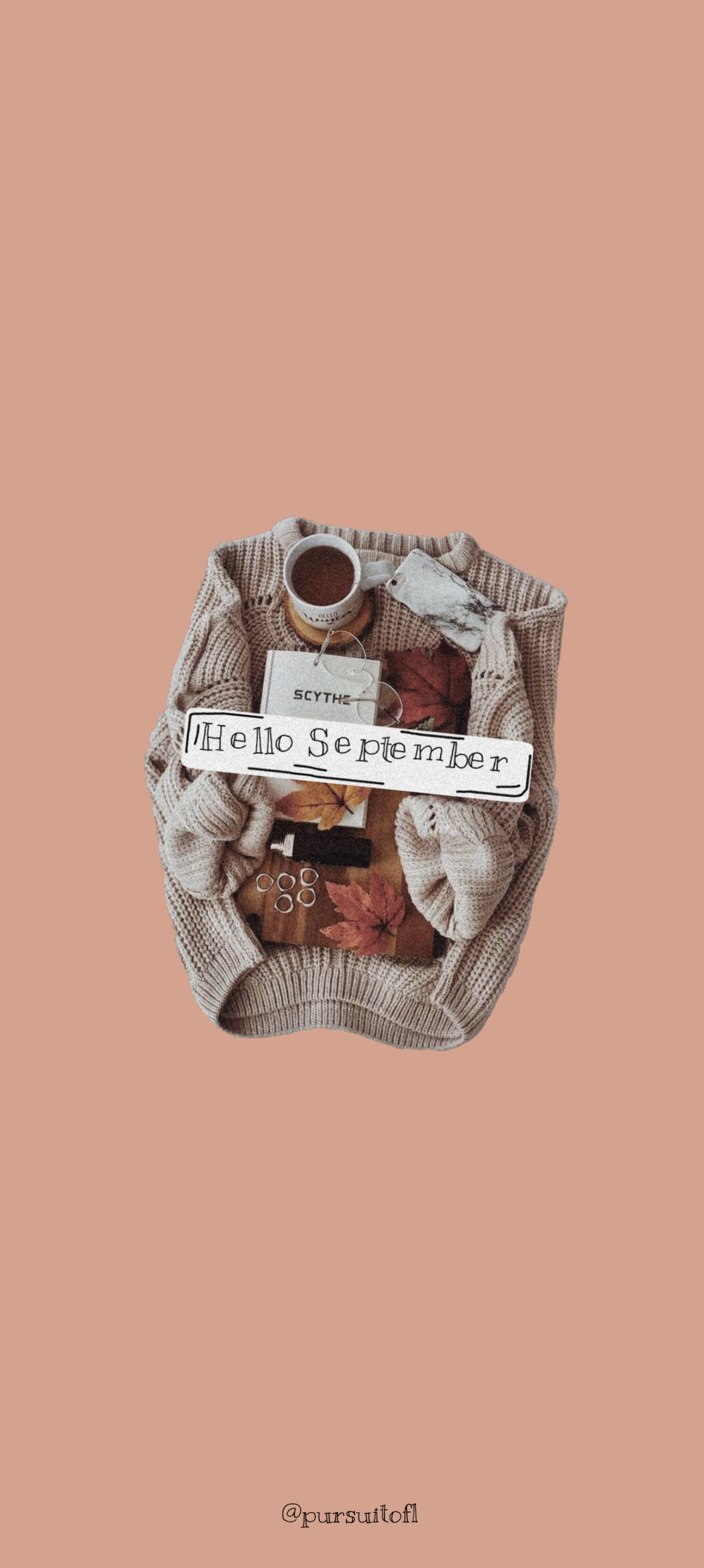 Tan phone wallpaper with sweater, fall aesthetic essentials and Hello September text