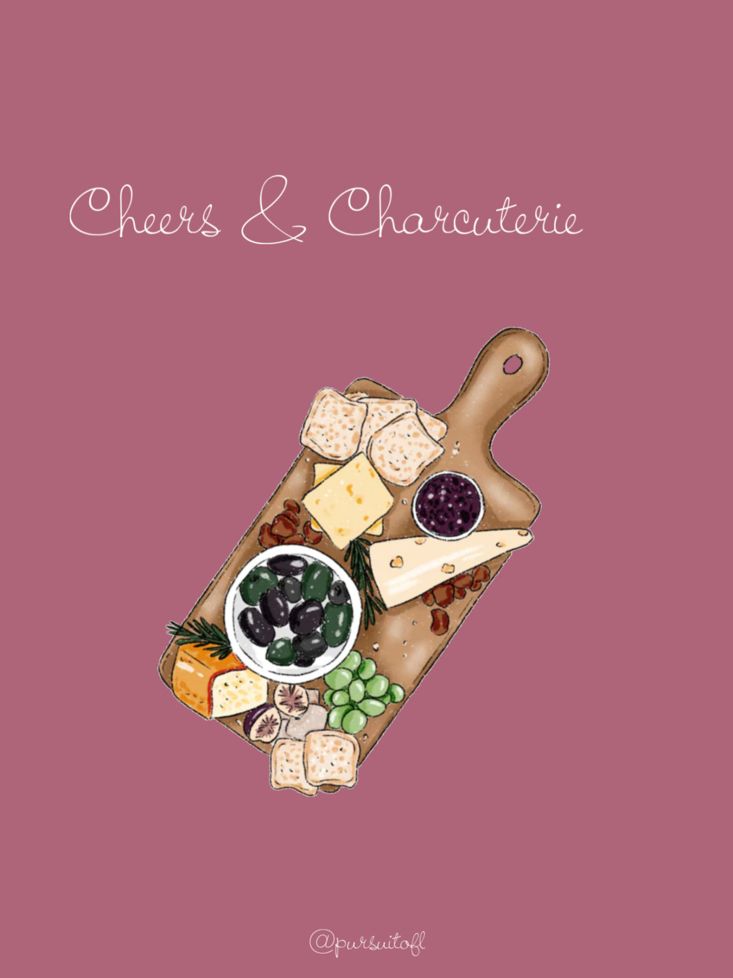 Mauve tablet wallpaper with charcuterie board illustration and Cheers & Charcuterie text