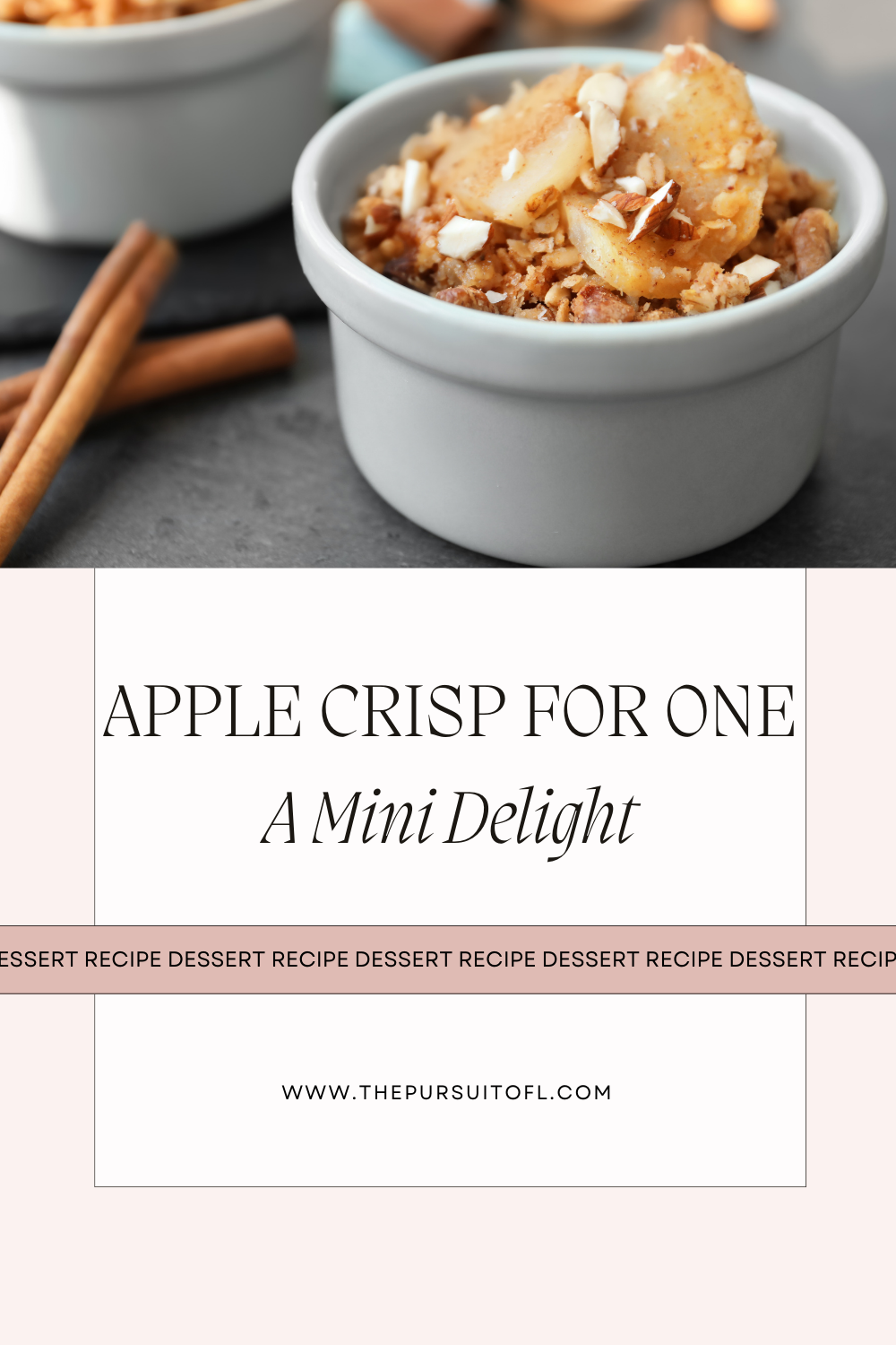 Apple Crisp for One: A Mini Delight, Ramekin with apple crisp on table, closeup, Pinterest Pin