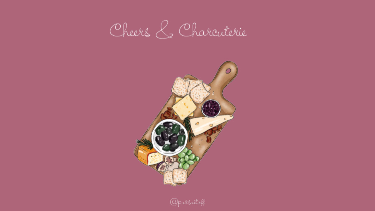 Mauve desktop wallpaper with charcuterie board illustration and Cheers & Charcuterie text