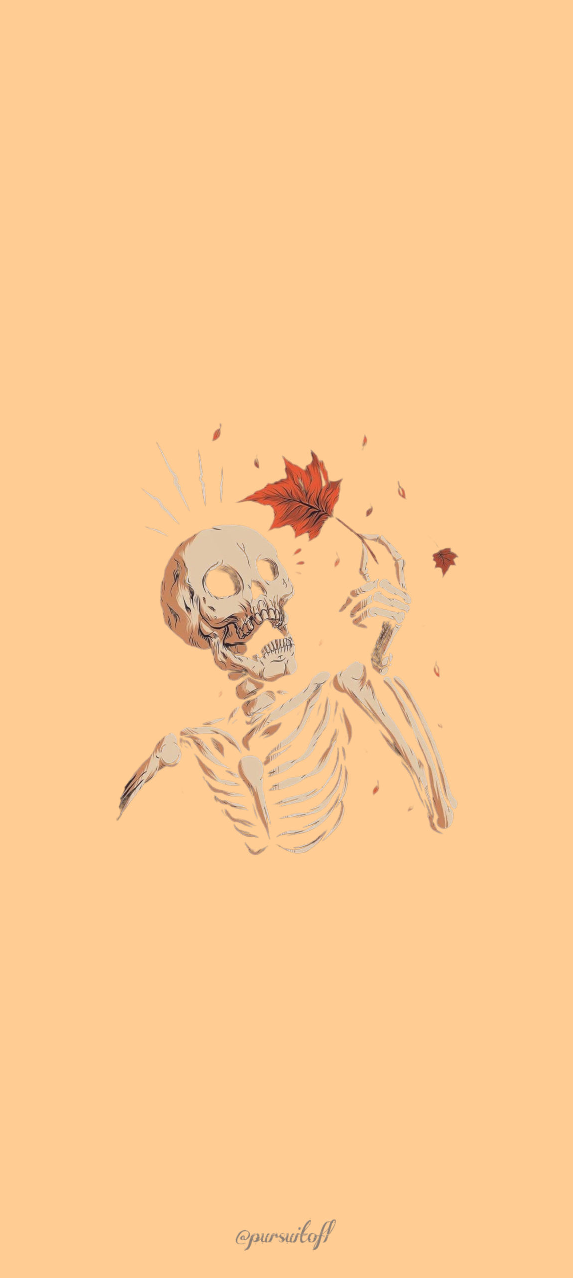 Halloween Phone wallpaper with skeleton holding a fall leaf