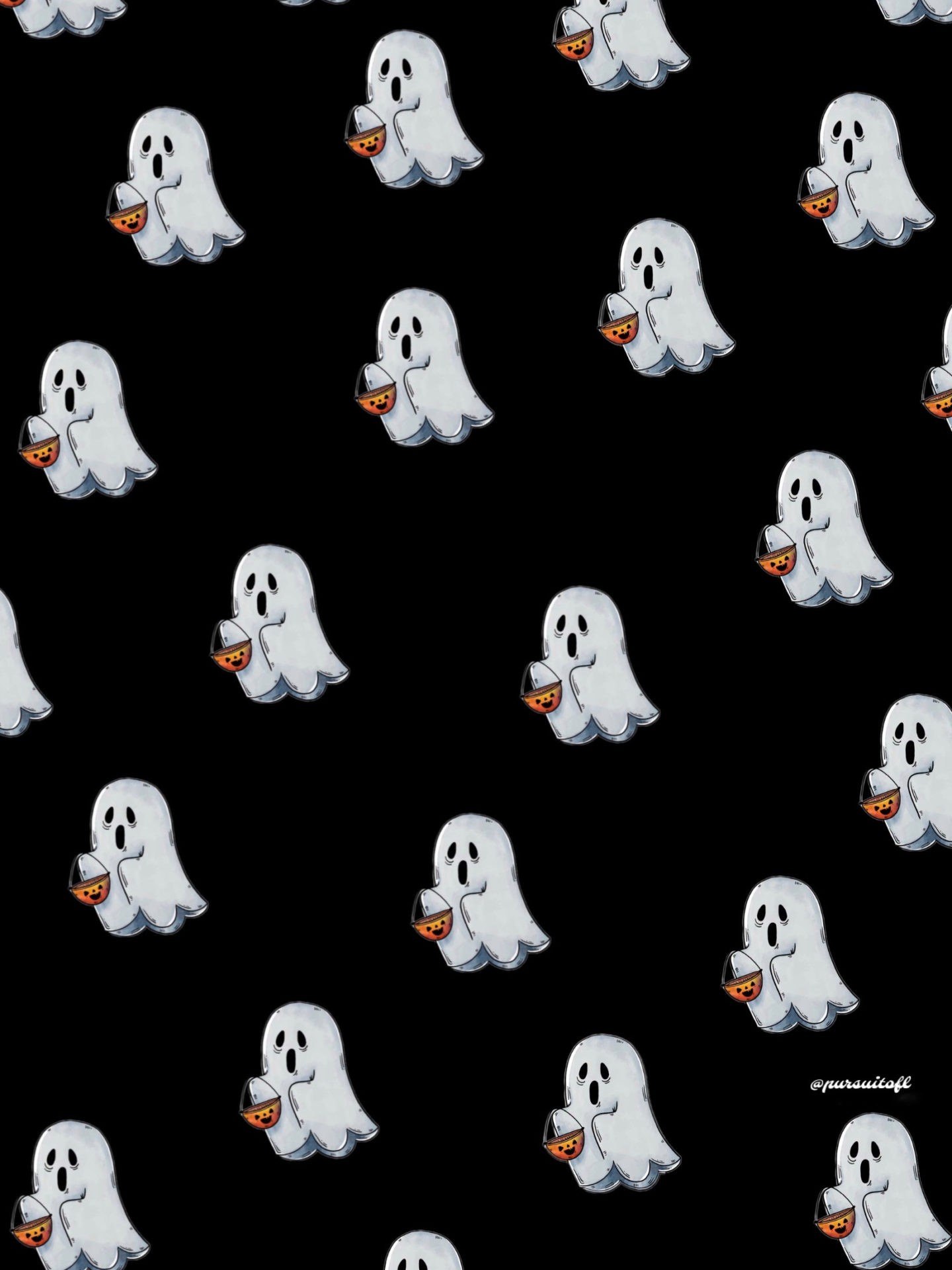 Black Tablet wallpaper with small halloween ghosts holding a trick-or-treat pumpkin