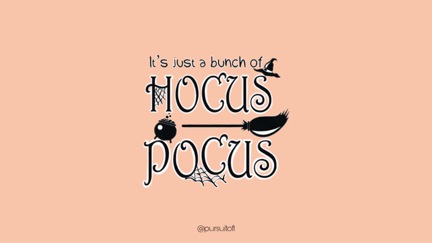 Orange Desktop Wallpaper with it's just a bunch of Hocus Pocus text with witch hat, broom, cauldron, and spider webs