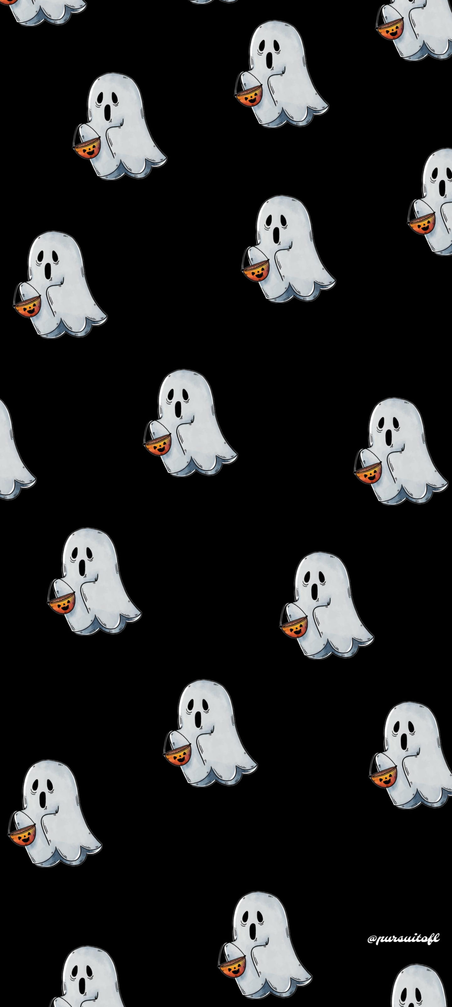 Black Phone wallpaper with small halloween ghosts holding a trick-or-treat pumpkin