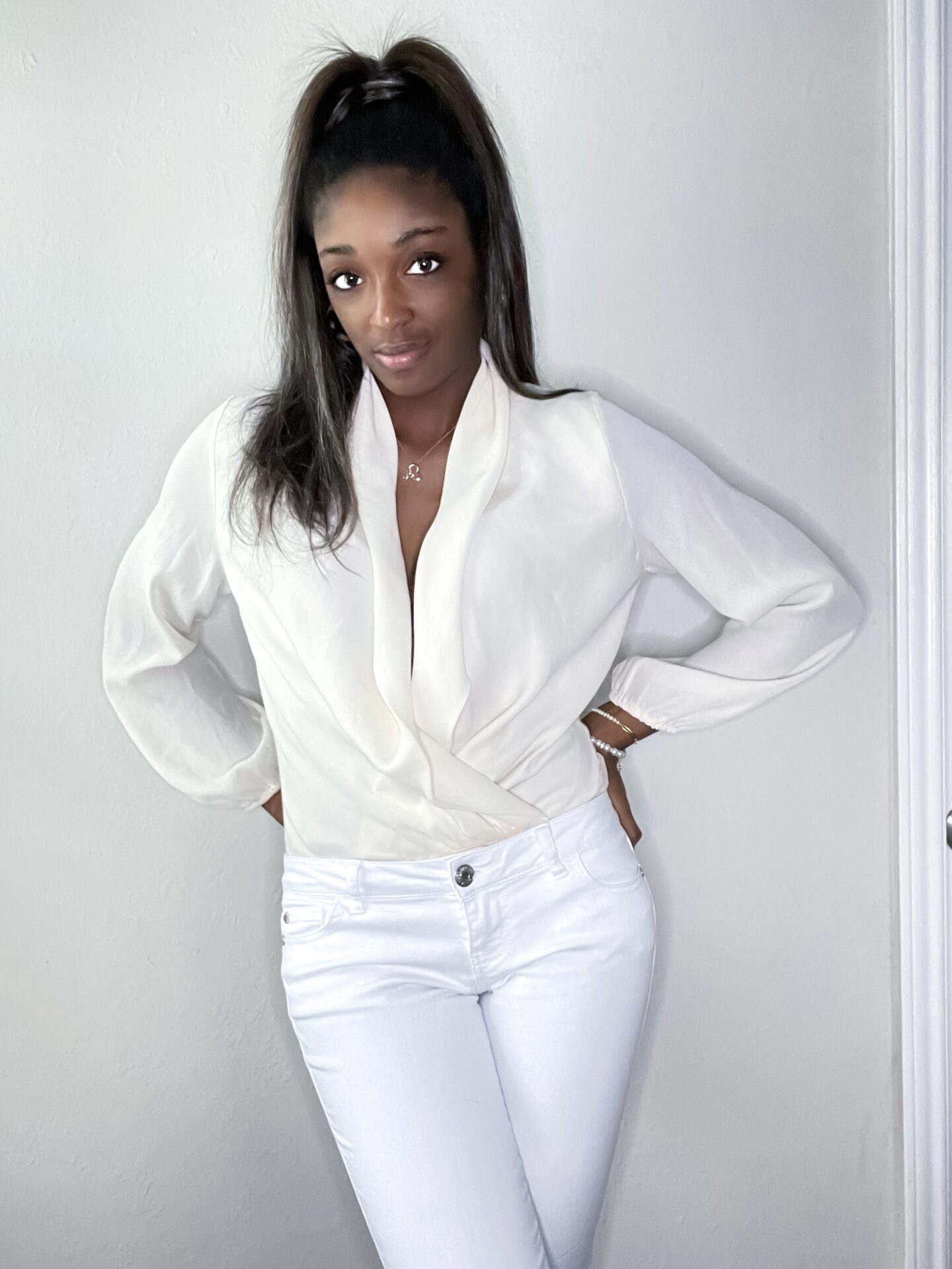 Loniesha Patterson, Birthday Post, The Pursuit of L, cream body suit, white pants, high ponytail, jewelry, Halloween