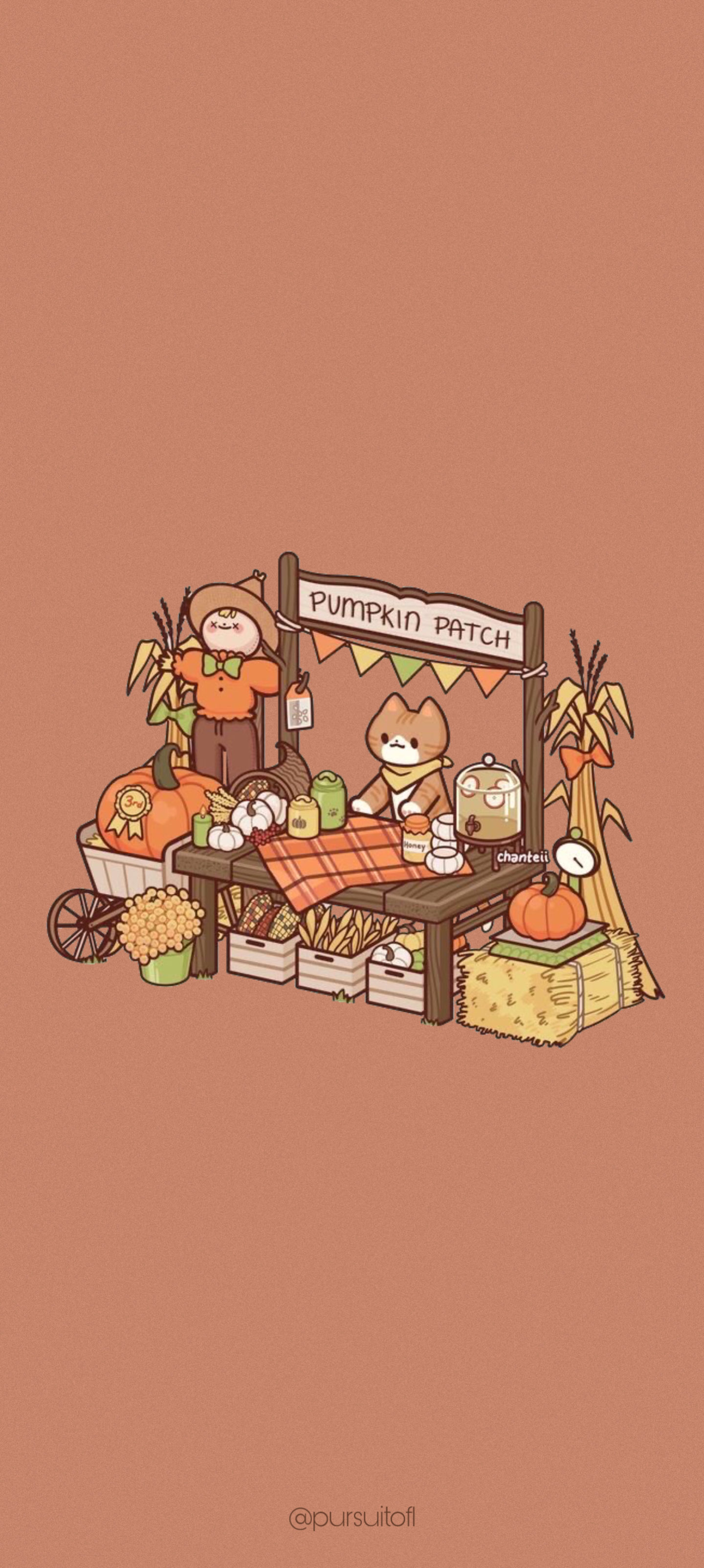 Brown Phone wallpaper with illustration of kitten at a fall pumpkin patch stand with scarecrow, pumpkins, apple cider, corn, and hay