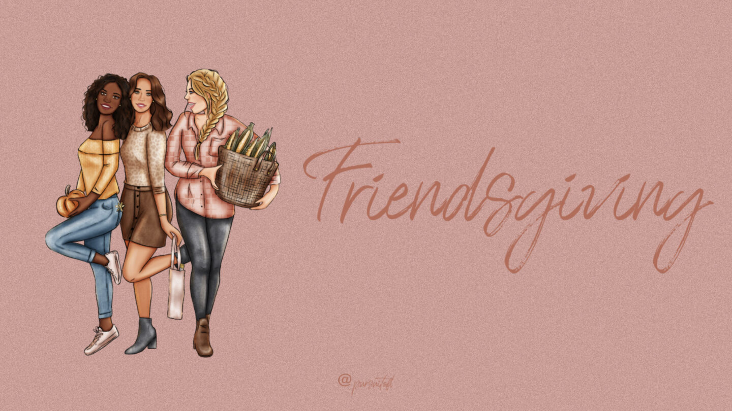 Brown Desktop Wallpaper with 3 Friends Wearing Fall Outfits, Holding Corn, a Pumpkin, and Wine, with Friendsgiving Text