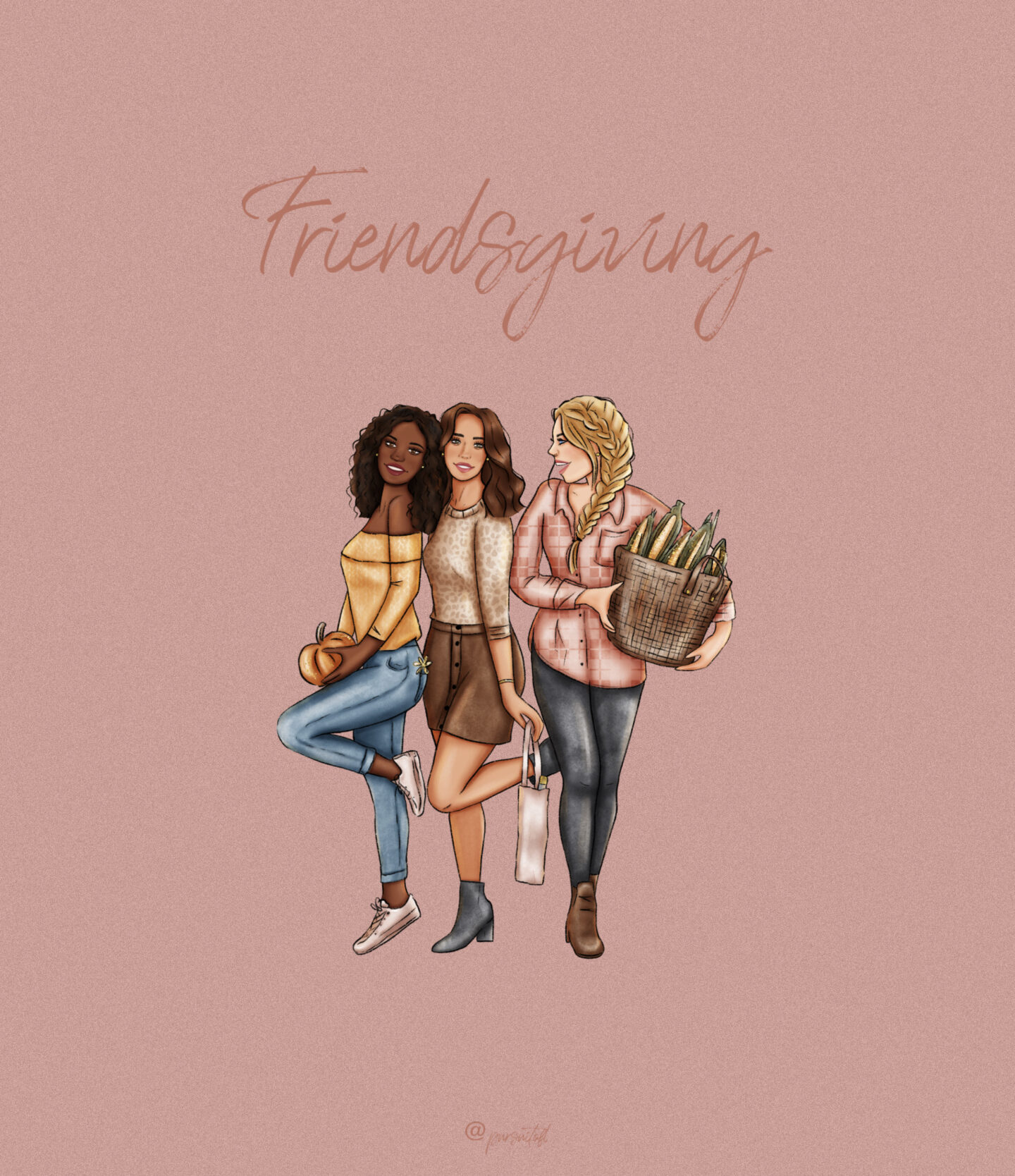 Brown Tablet Wallpaper with 3 Friends Wearing Fall Outfits, Holding Corn, a Pumpkin, and Wine, with Friendsgiving Text