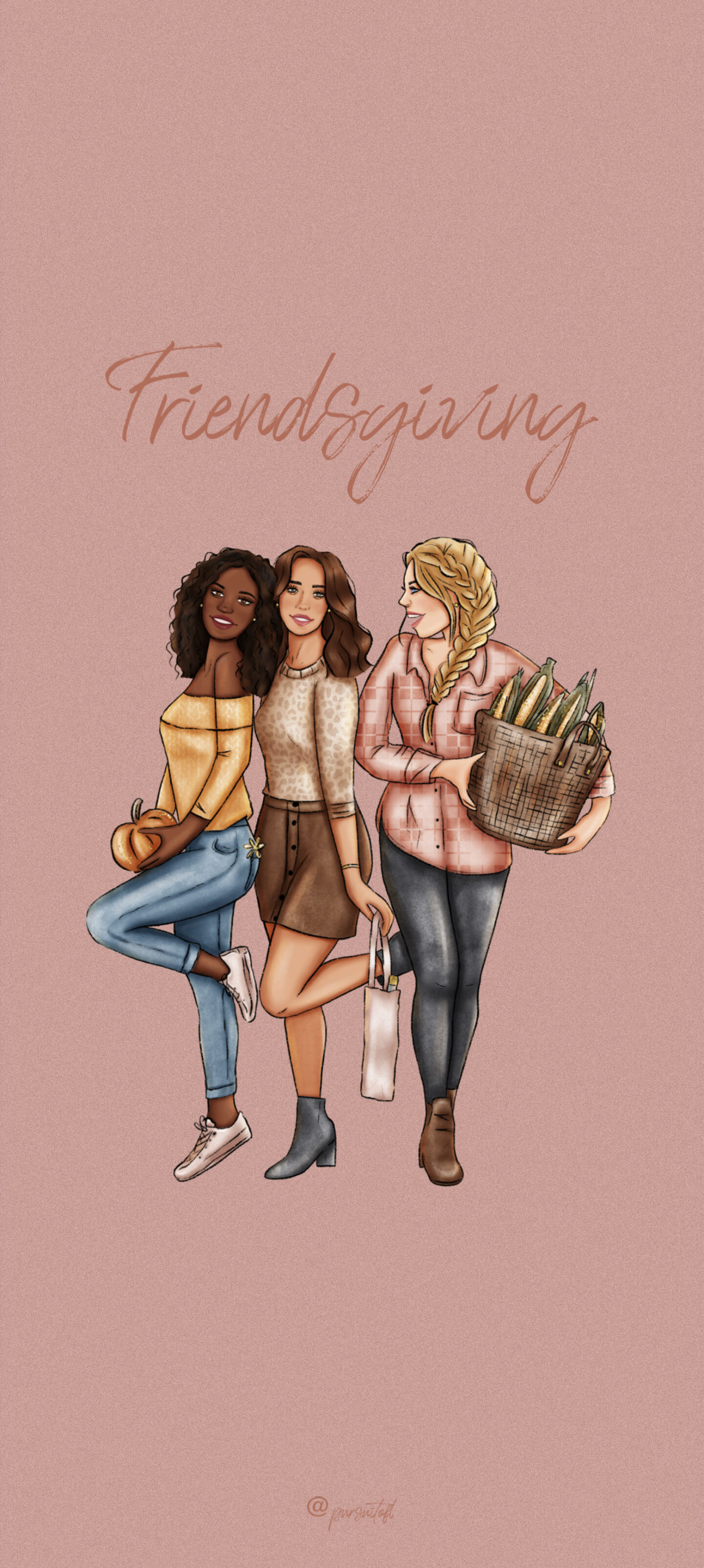 Brown Phone Wallpaper with 3 Friends Wearing Fall Outfits, Holding Corn, a Pumpkin, and Wine, with Friendsgiving Text