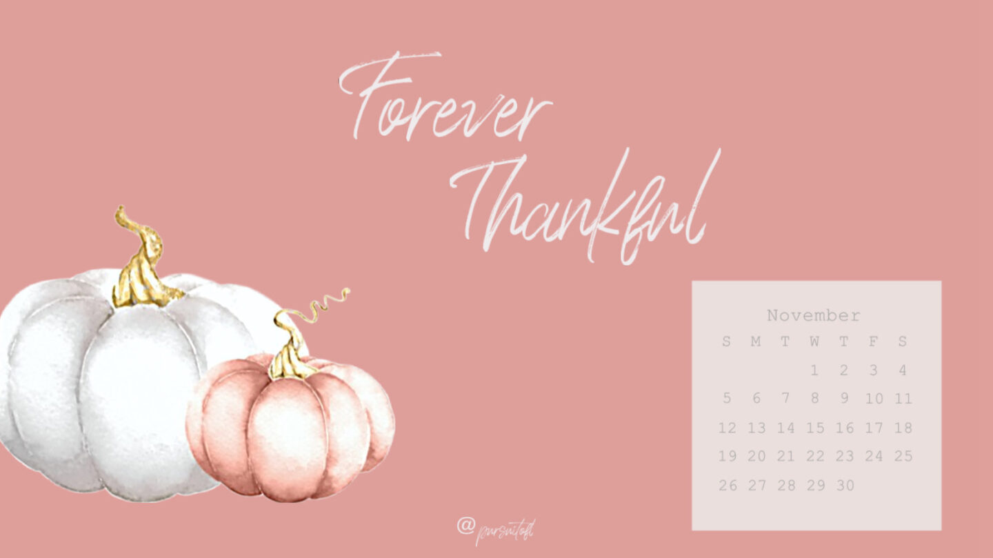 Peach Desktop Wallpaper with Forever Thankful text and White and Peach Colored Pumpkins, November 2023 Calendar
