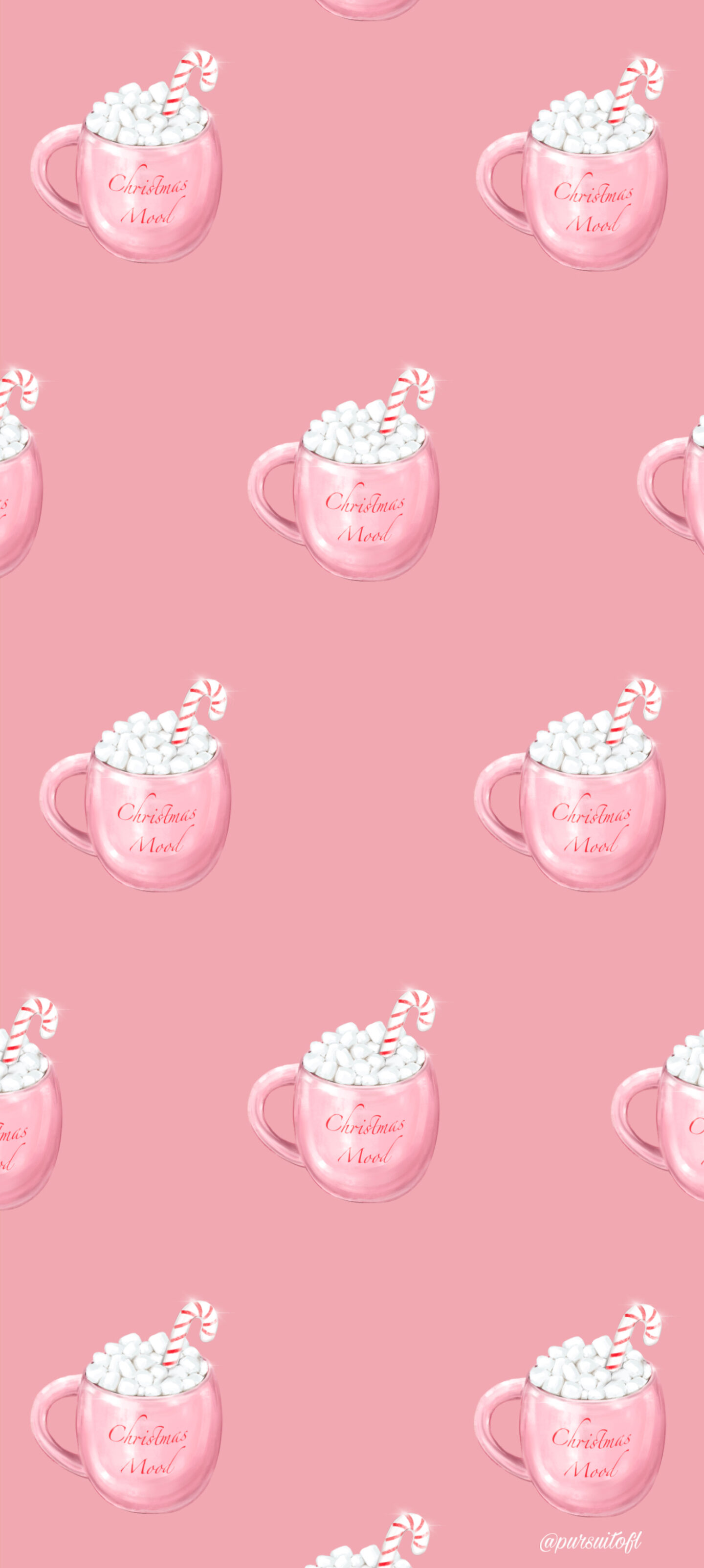 Pink phone wallpaper with pink mugs with red Christmas Mood text, filled with a hot drink and topped with marshmallows and a candy cane