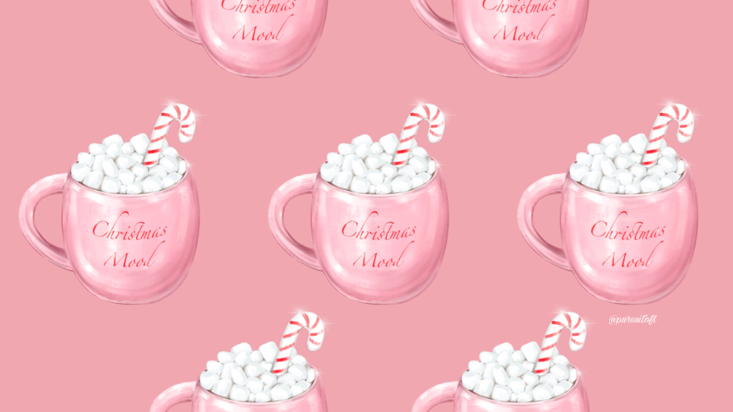 Pink desktop wallpaper with pink mugs with red Christmas Mood text, filled with a hot drink and topped with marshmallows and a candy cane