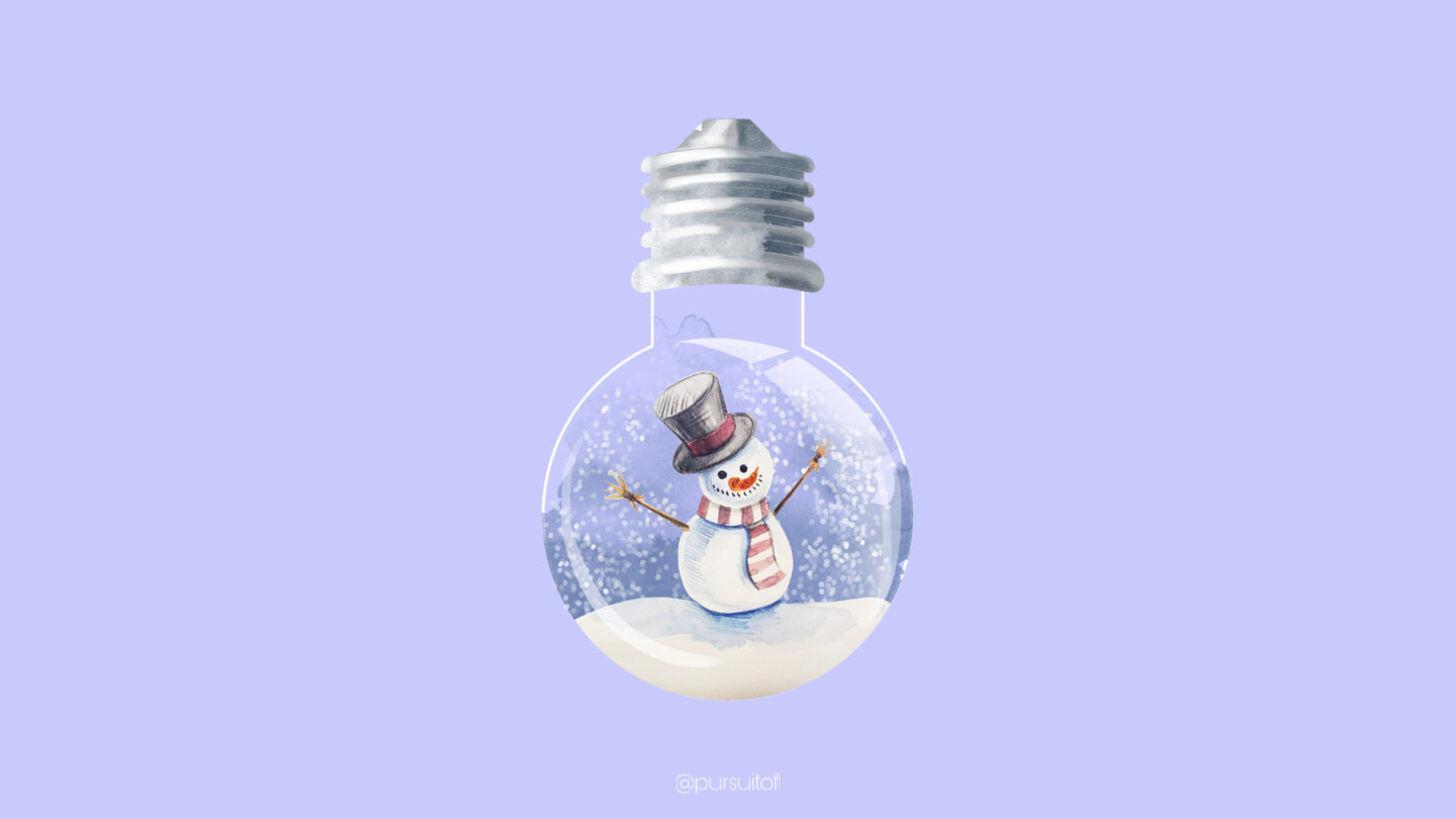 Periwinkle desktop wallpaper with snowman and falling snow inside of a lightbulb