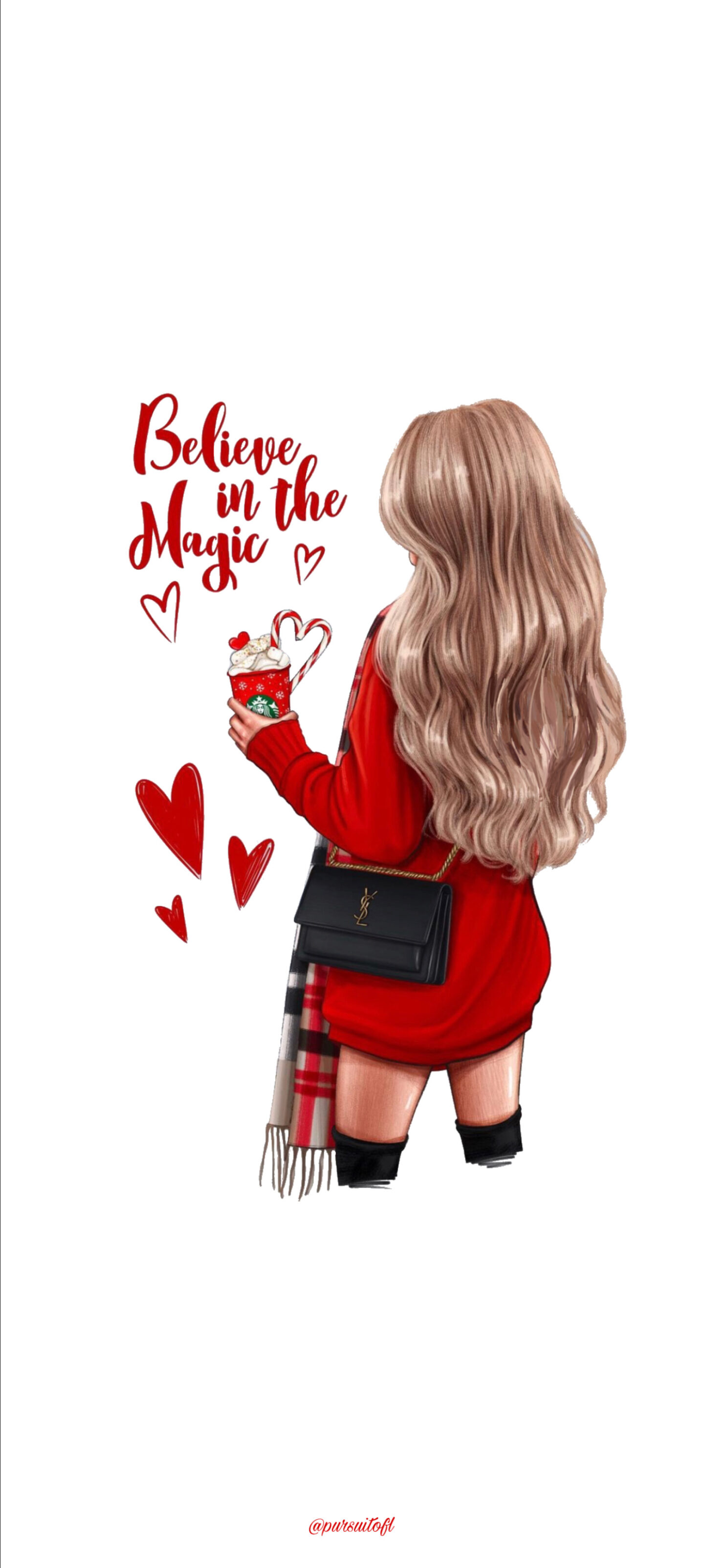 White holiday phone wallpaper with lady wearing red sweater dress, plaid scarf, black bag, and black boots, holding a Starbucks red cup drink, red believe in the magic text, and red hearts