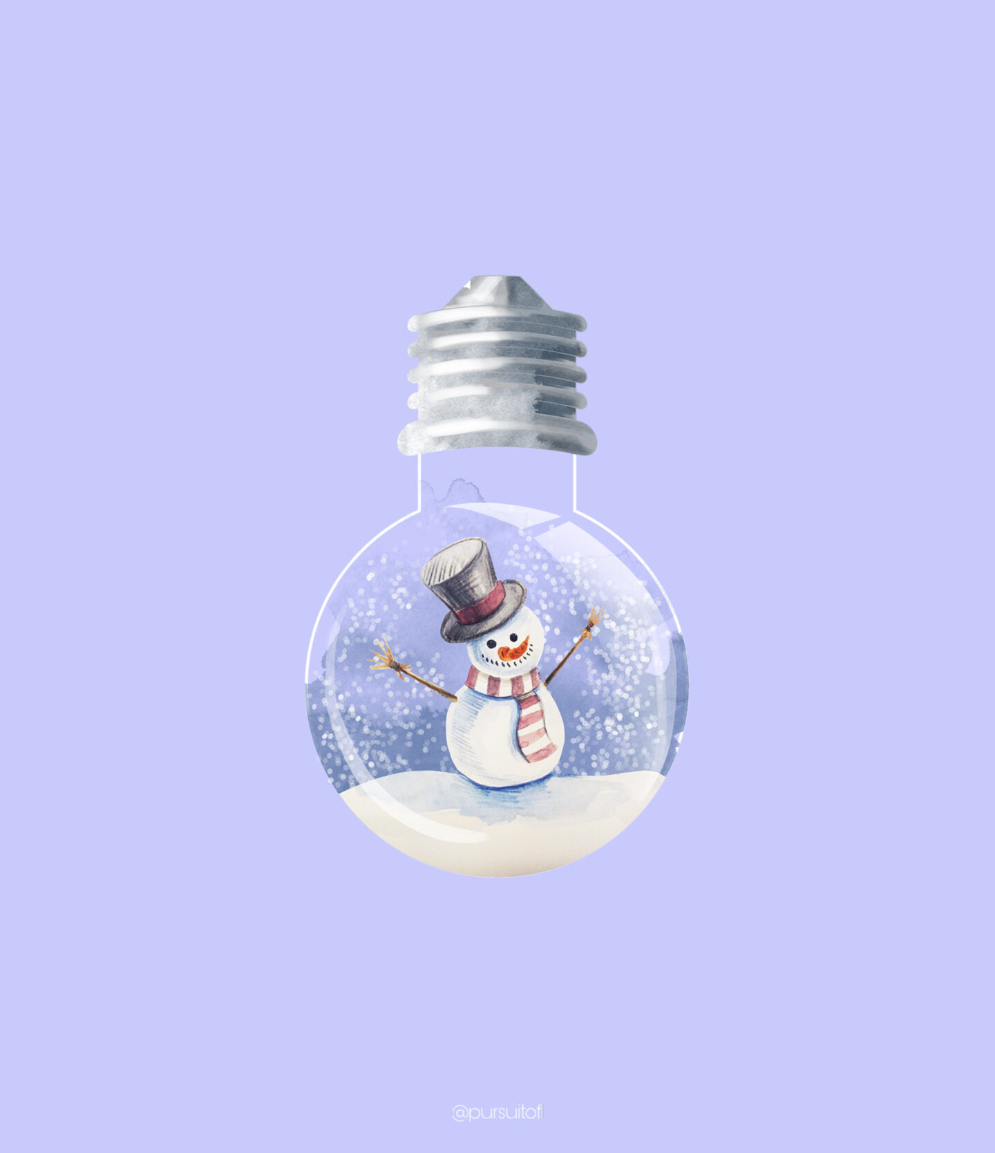 Periwinkle tablet wallpaper with snowman and falling snow inside of a lightbulb