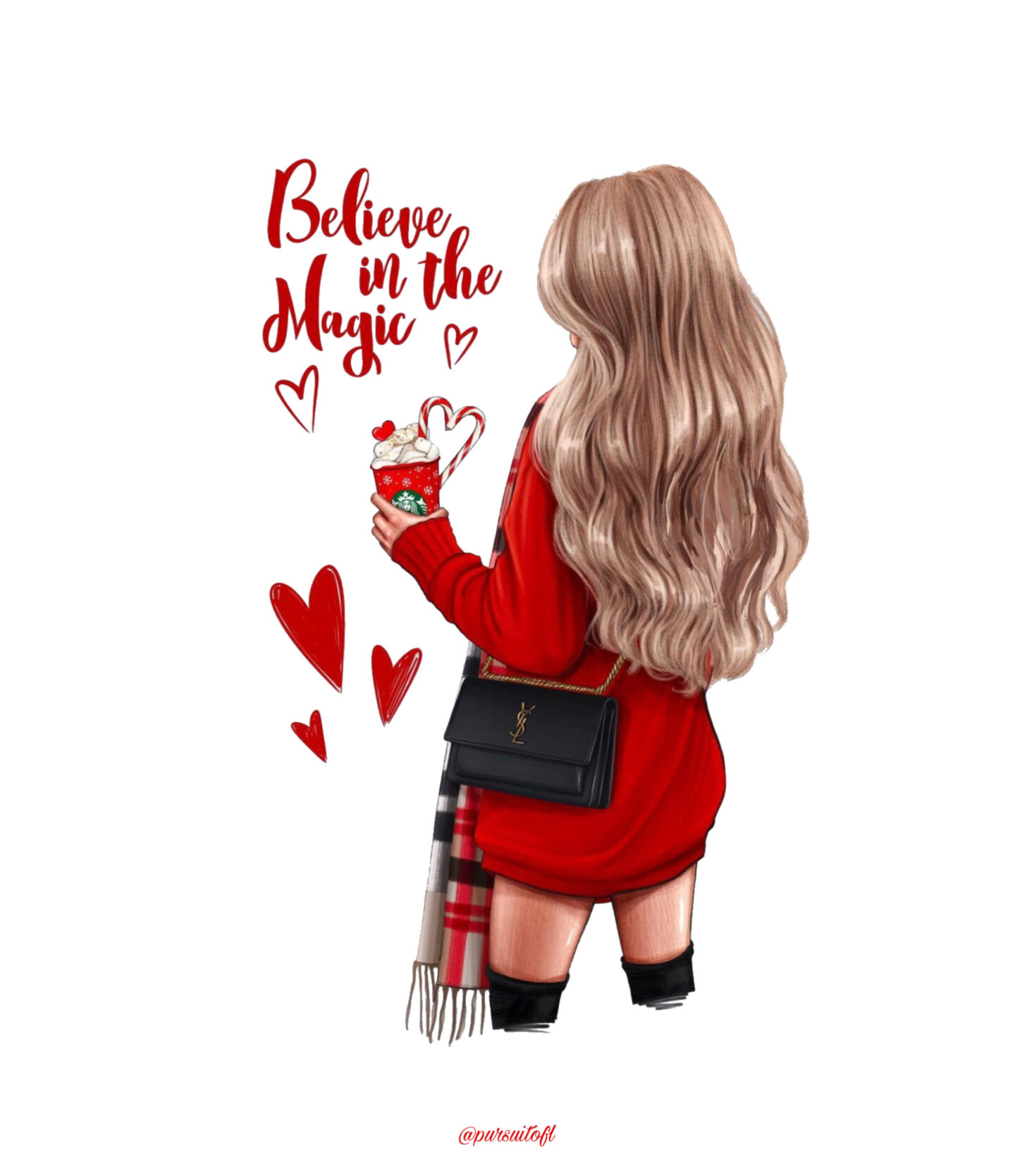White holiday tablet wallpaper with lady wearing red sweater dress, plaid scarf, black bag, and black boots, holding a Starbucks red cup drink, red believe in the magic text, and red hearts