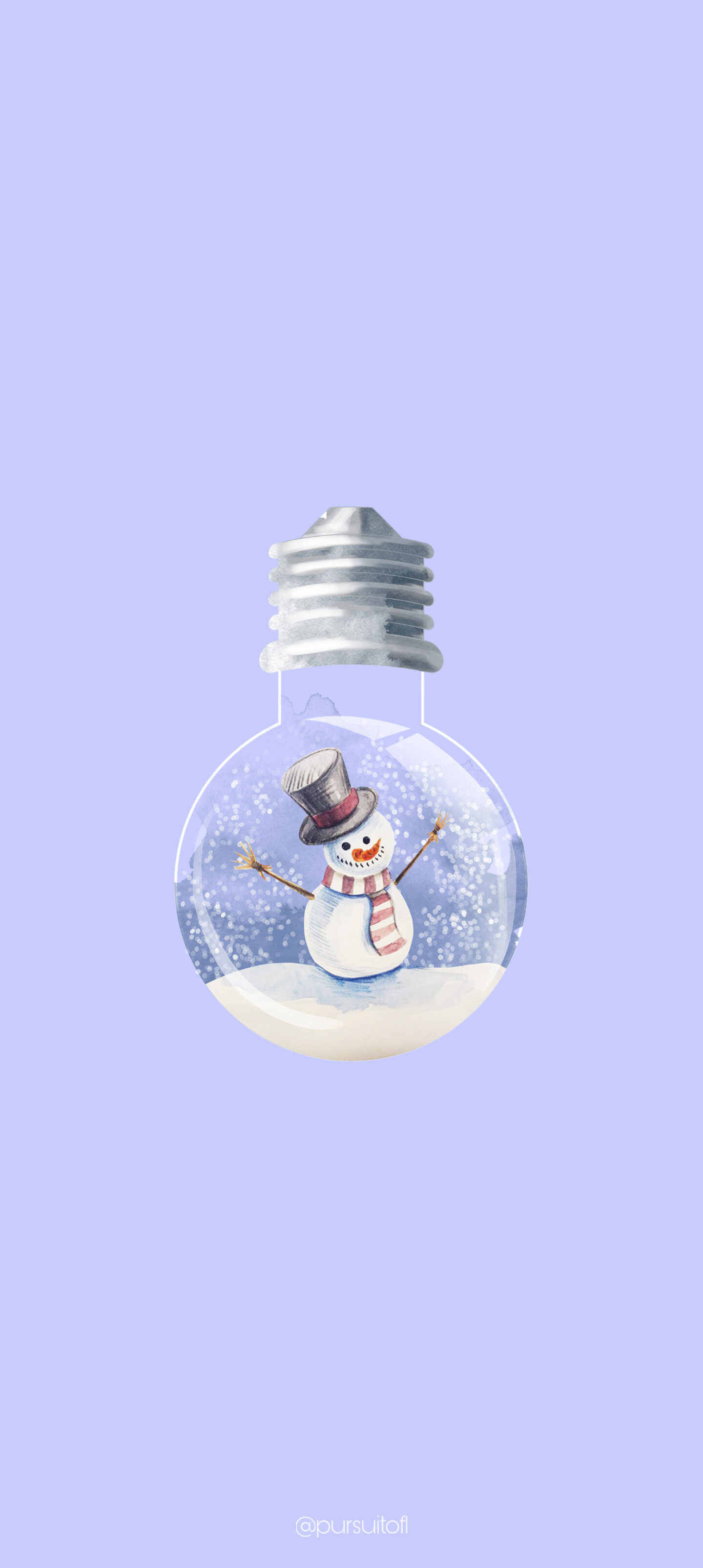 Periwinkle phone wallpaper with snowman and falling snow inside of a lightbulb