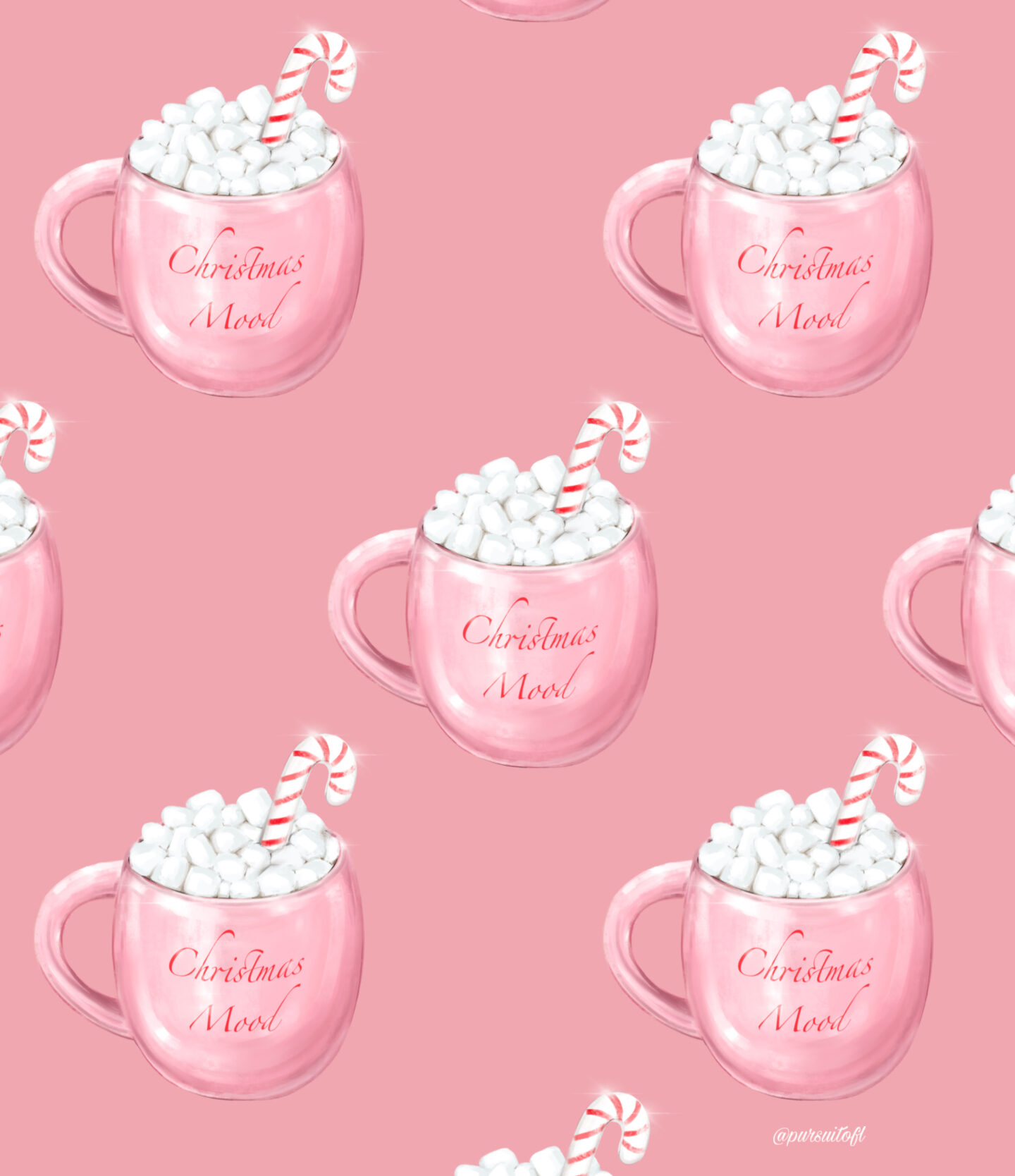 Pink tablet wallpaper with pink mugs with red Christmas Mood text, filled with a hot drink and topped with marshmallows and a candy cane