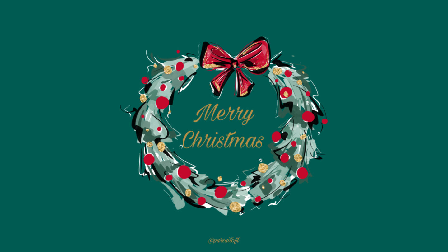 Forest green holiday desktop wallpaper with Christmas wreath and Merry Christmas text