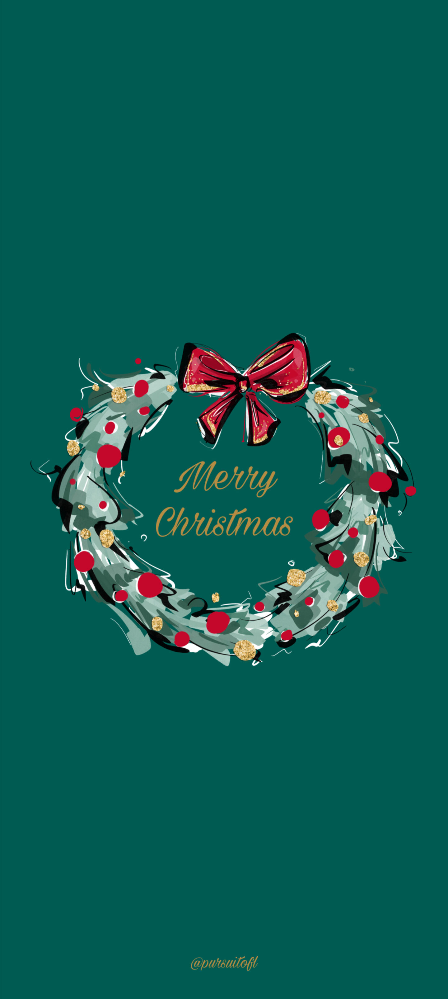 Forest green holiday phone wallpaper with Christmas wreath and Merry Christmas text