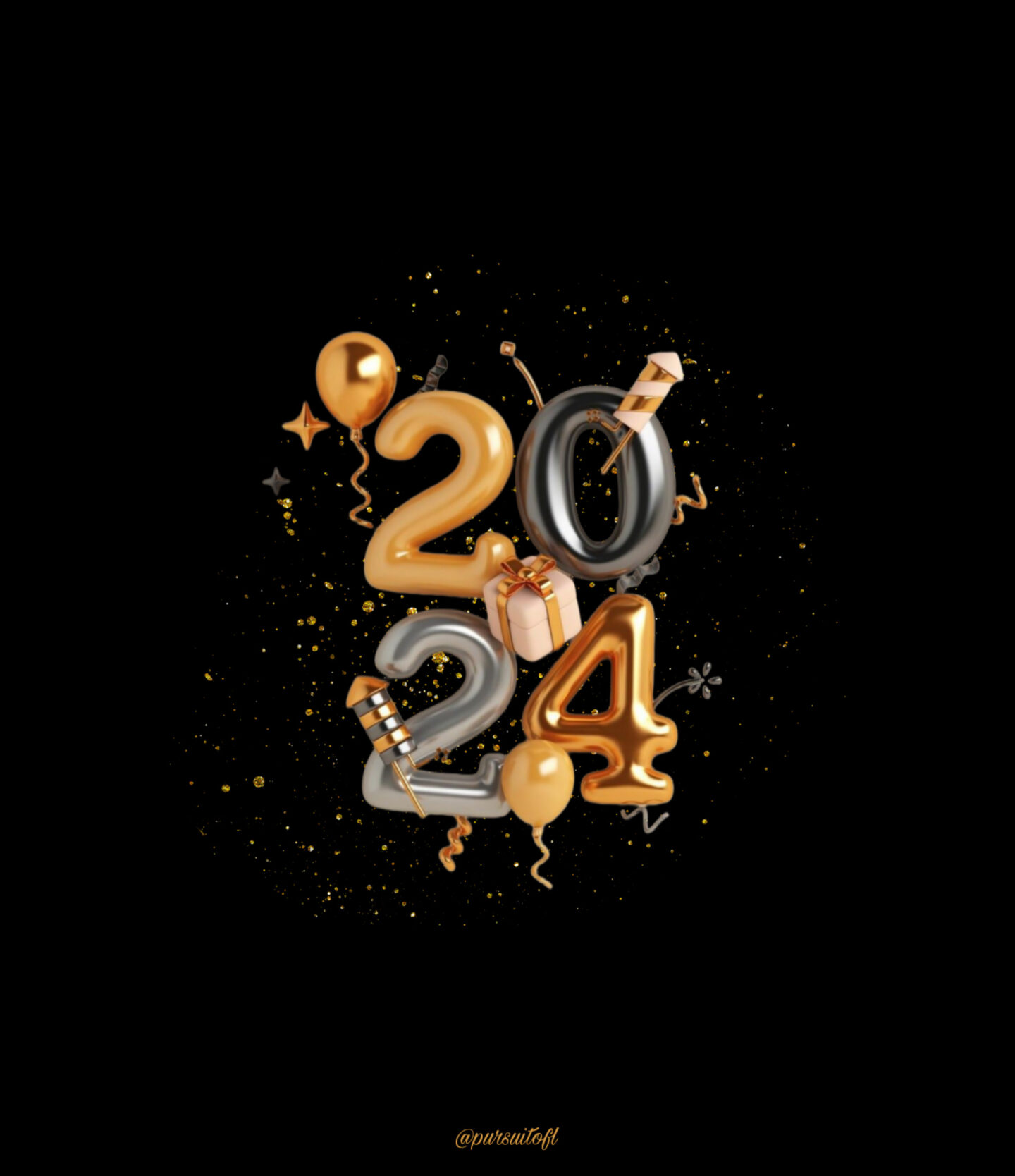 Black Tablet Wallpaper with Gold, Black, and Silver New Year 2024 Celebration with Glitter, Balloons, Fireworks